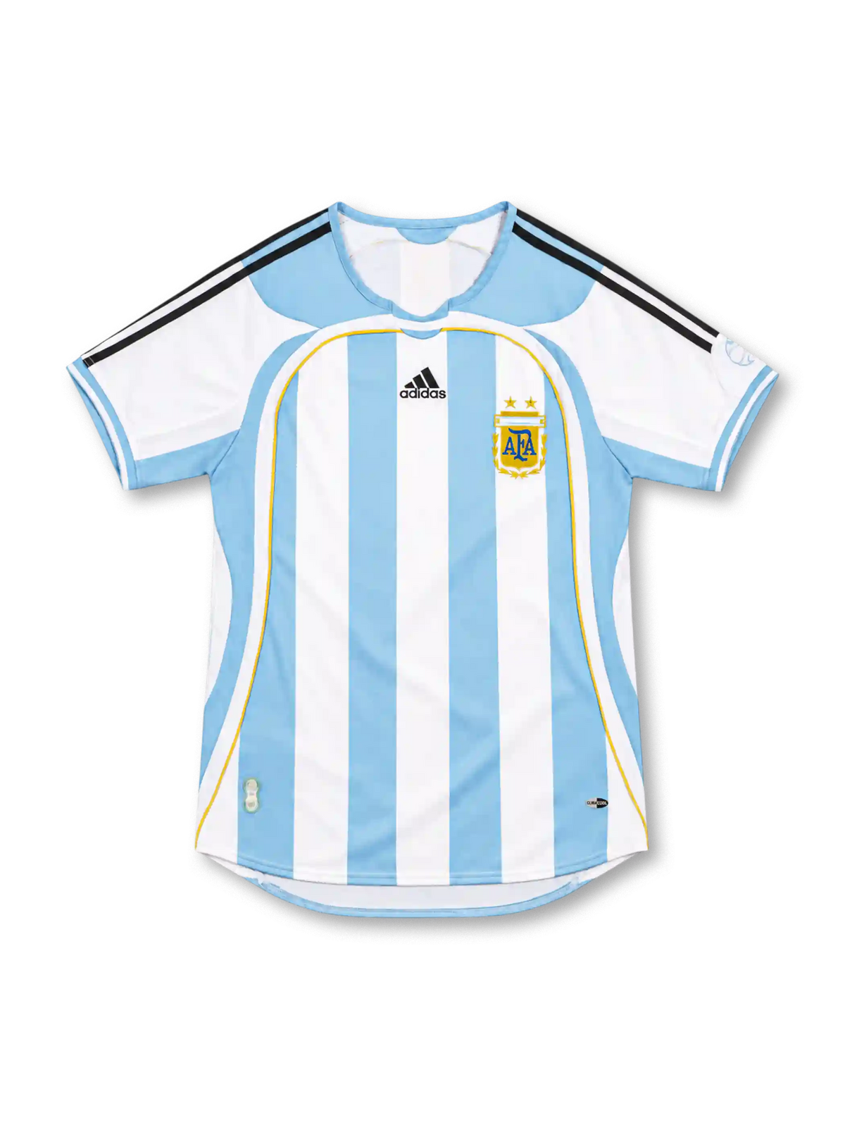 Argentina 2006 adidas home jersey with sky-blue and white vertical stripes, black adidas shoulder stripes, white sleeves, curved sky-blue panels, gold piping, central adidas logo, AFA crest with two gold stars, and CLIMACOOL detailing.