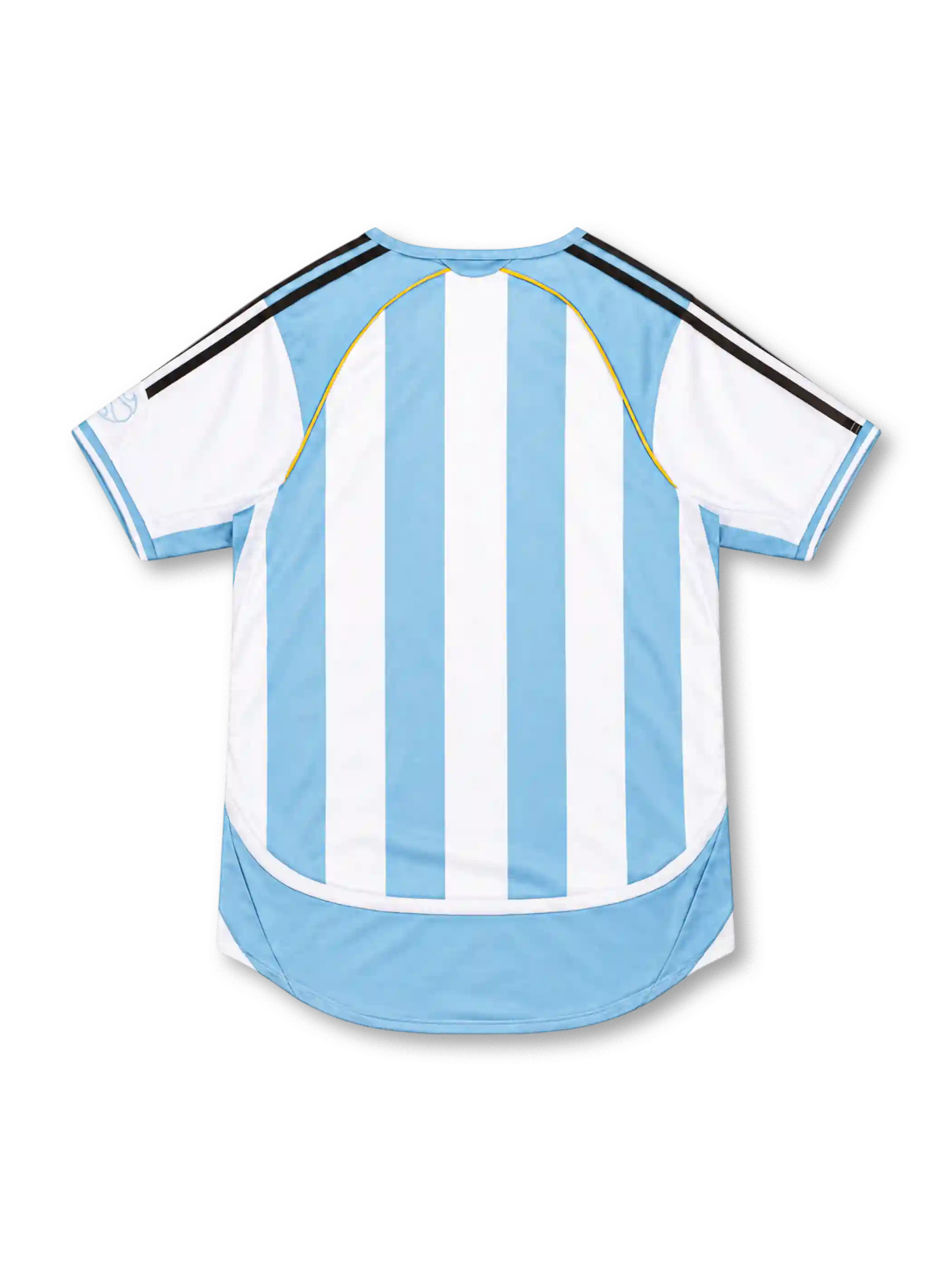 Argentina 2006 adidas home jersey with sky-blue and white vertical stripes, black adidas shoulder stripes, white sleeves, curved sky-blue panels, gold piping, central adidas logo, AFA crest with two gold stars, and CLIMACOOL detailing.