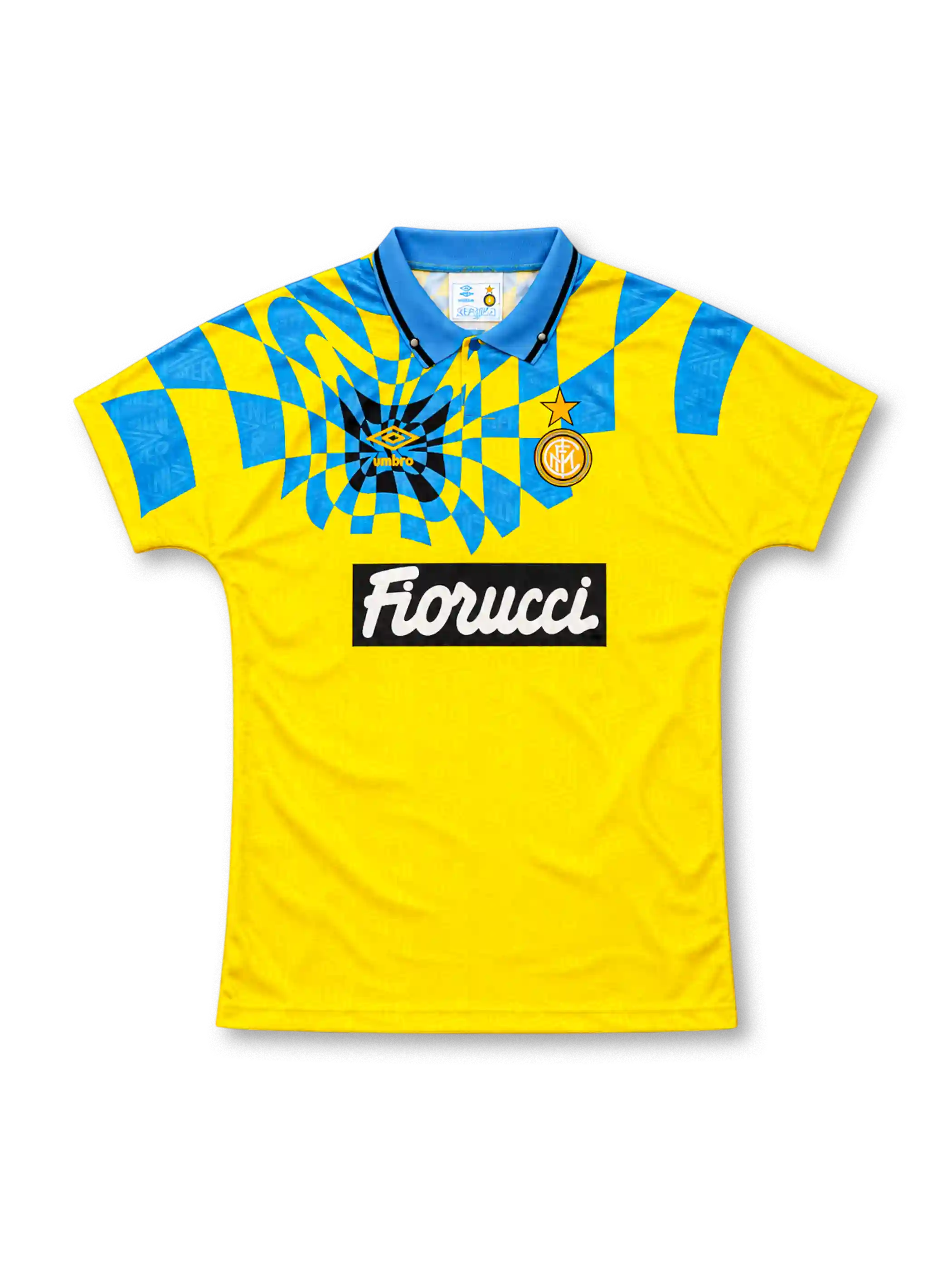 Inter Milan 1992/94 yellow third jersey with blue checkerboard pattern, Umbro logo and Fiorucci sponsor