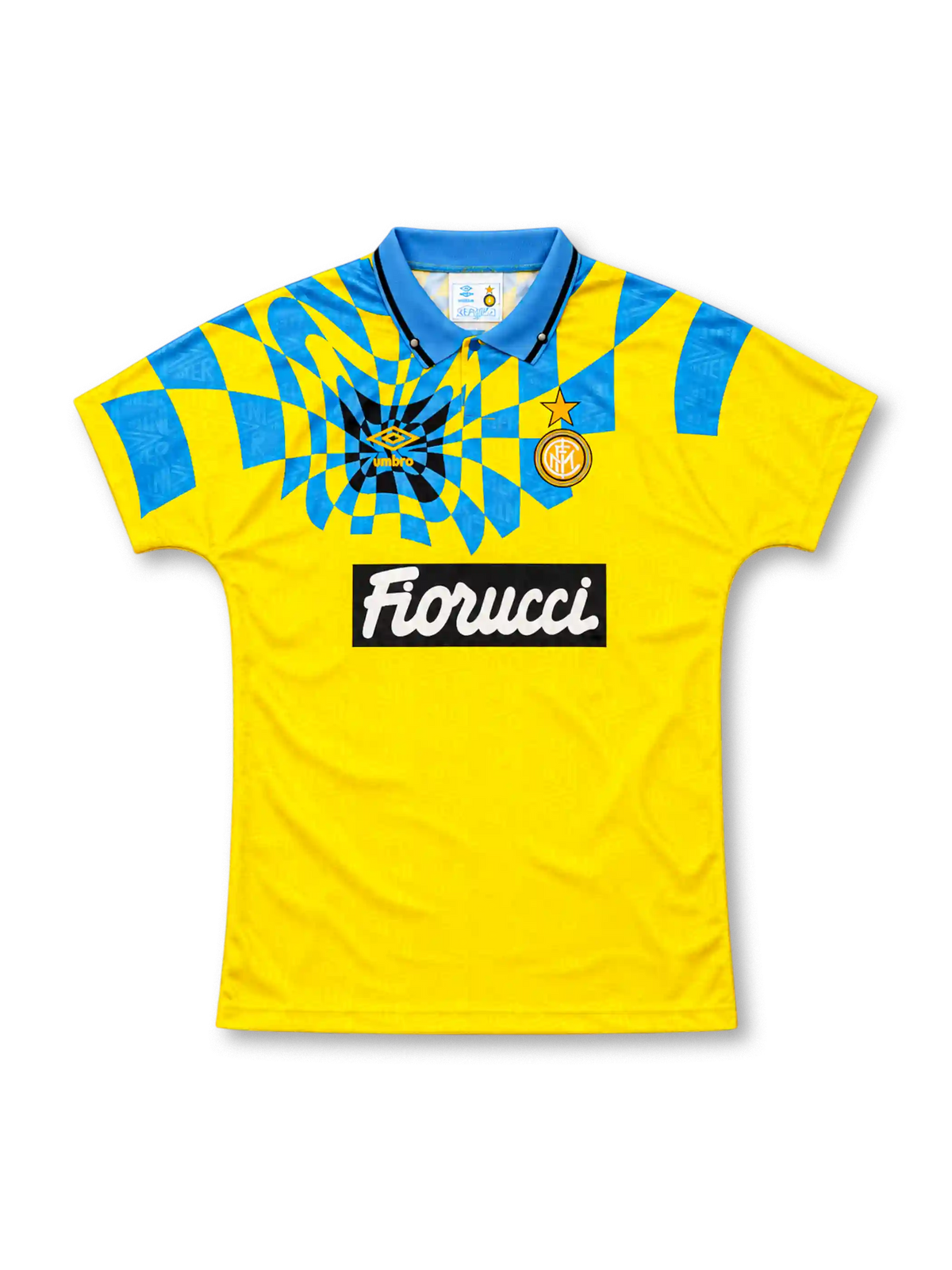 Inter Milan 1992/94 yellow third jersey with blue checkerboard pattern, Umbro logo and Fiorucci sponsor