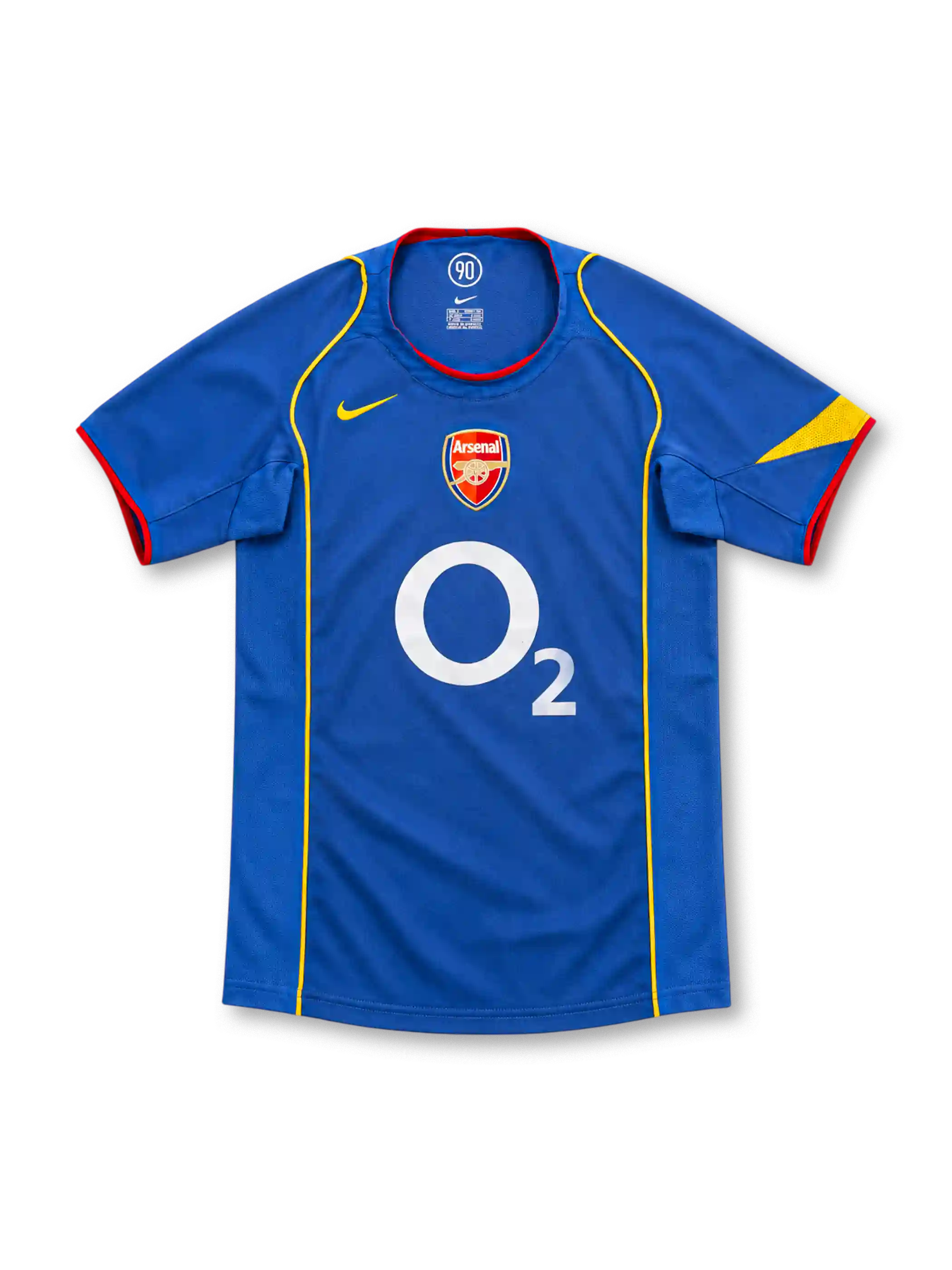 Arsenal 2004/05 blue away jersey with yellow piping, red trim, Nike logo and O2 sponsor