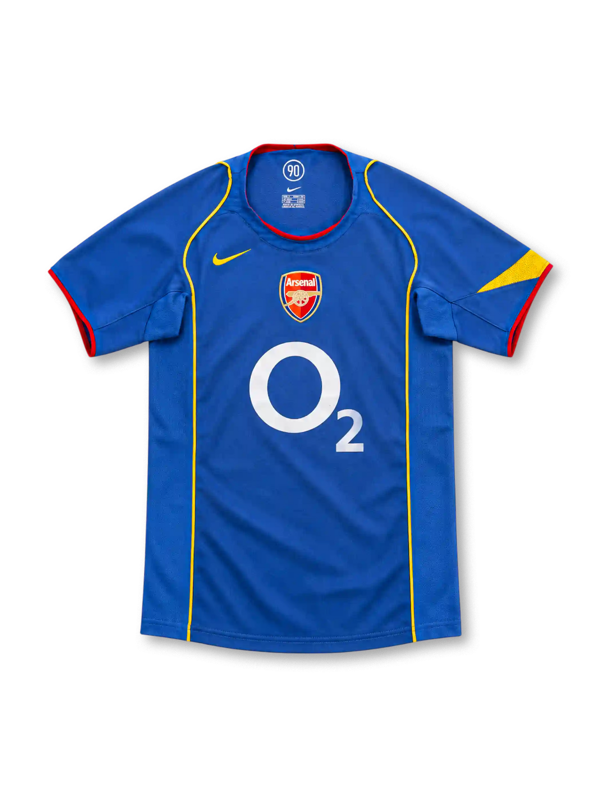 Arsenal 2004/05 blue away jersey with yellow piping, red trim, Nike logo and O2 sponsor