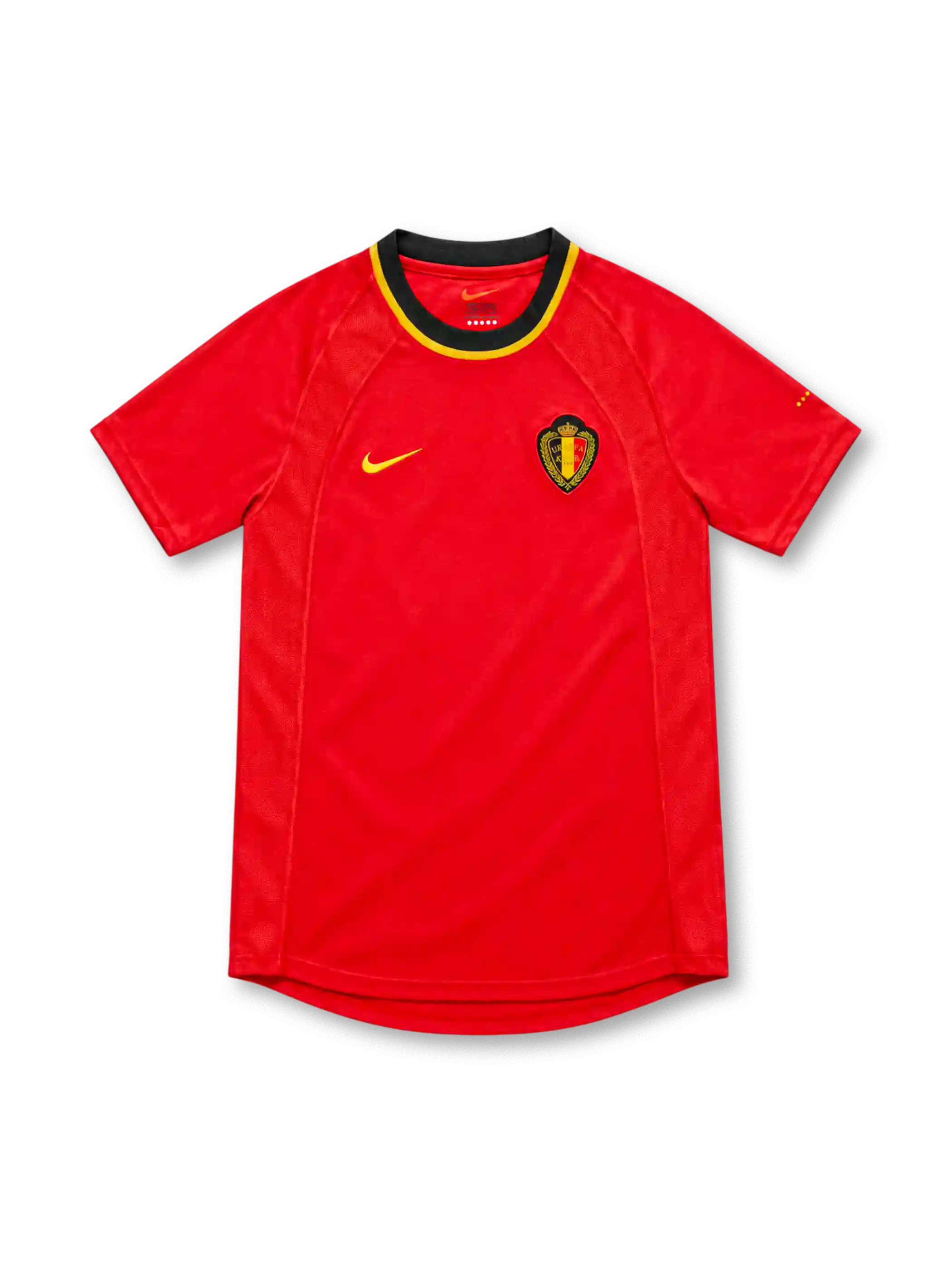 Belgium 2000 red home jersey with black and yellow collar, Nike logo and federation crest