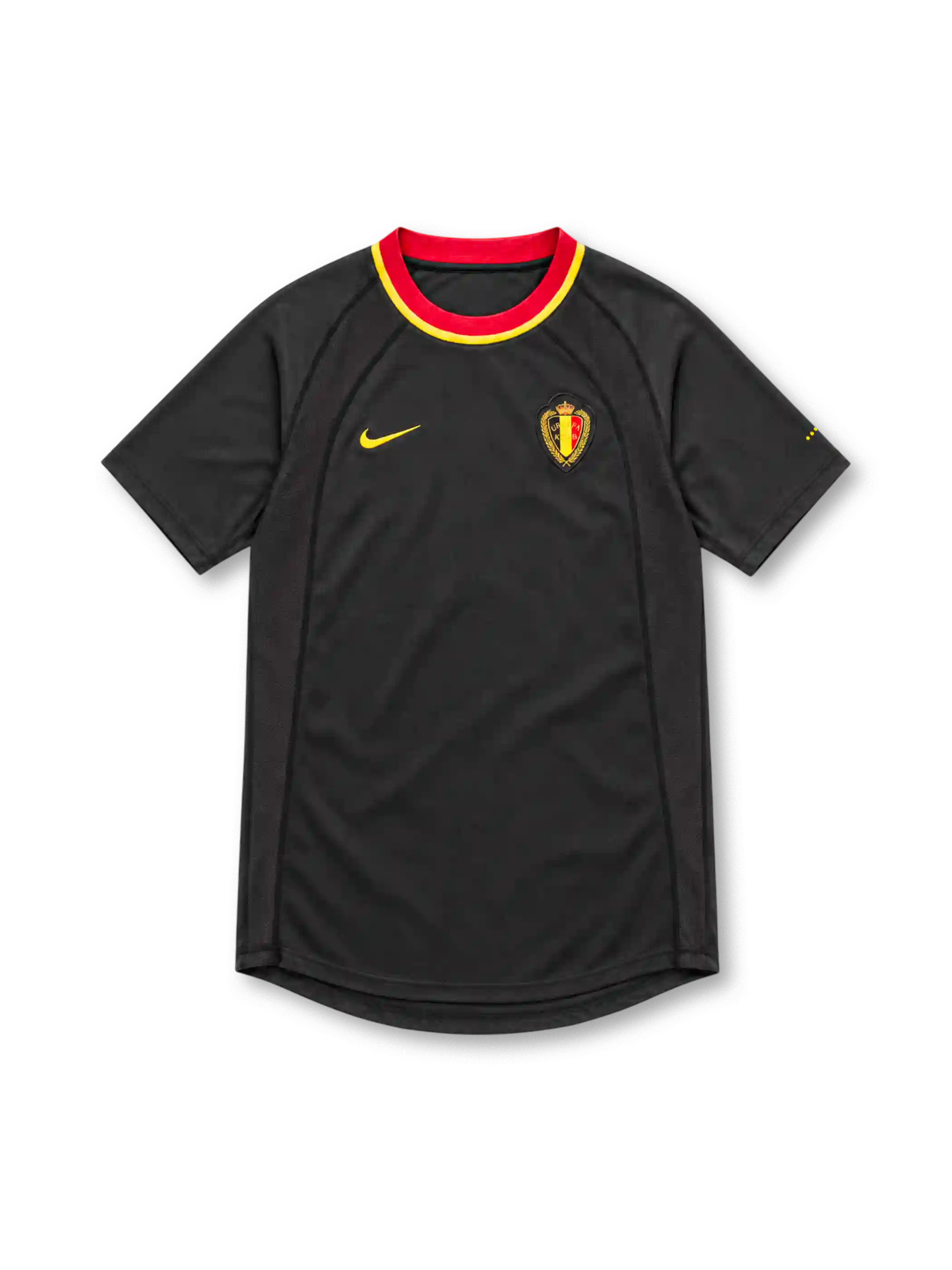 Belgium 2000 black away jersey with red and yellow collar, Nike logo and federation crest