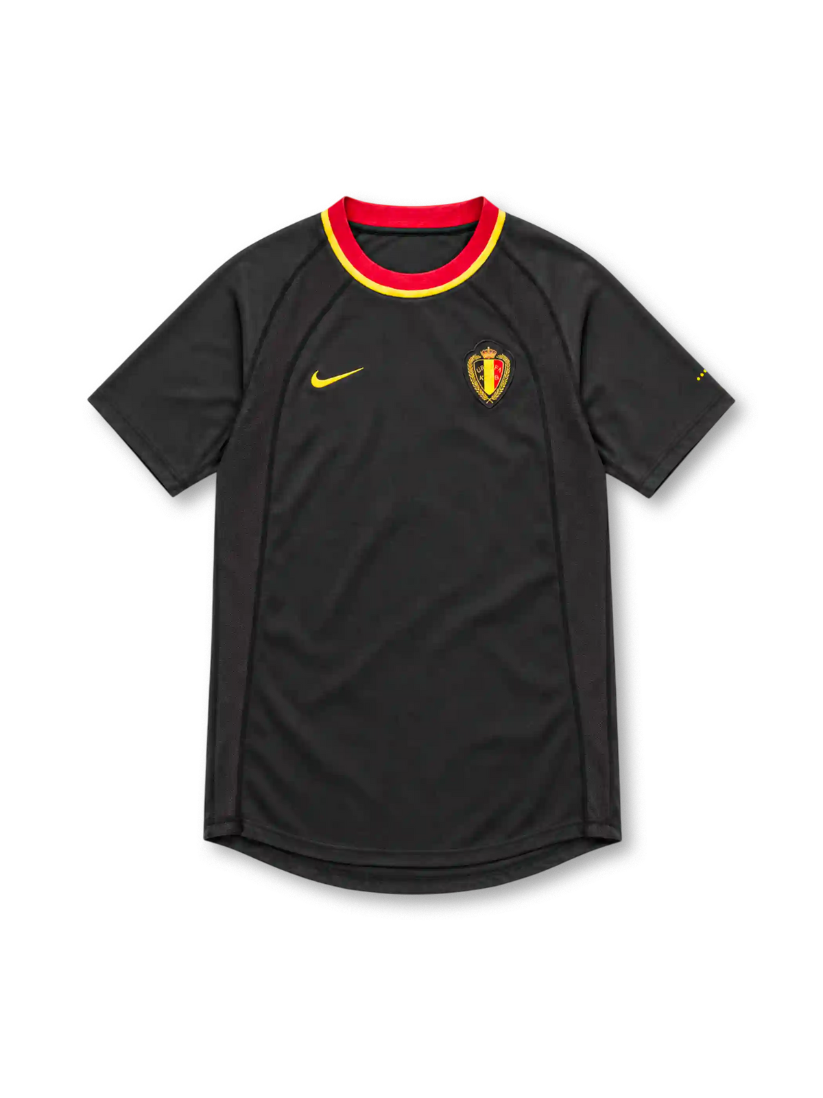Belgium 2000 black away jersey with red and yellow collar, Nike logo and federation crest