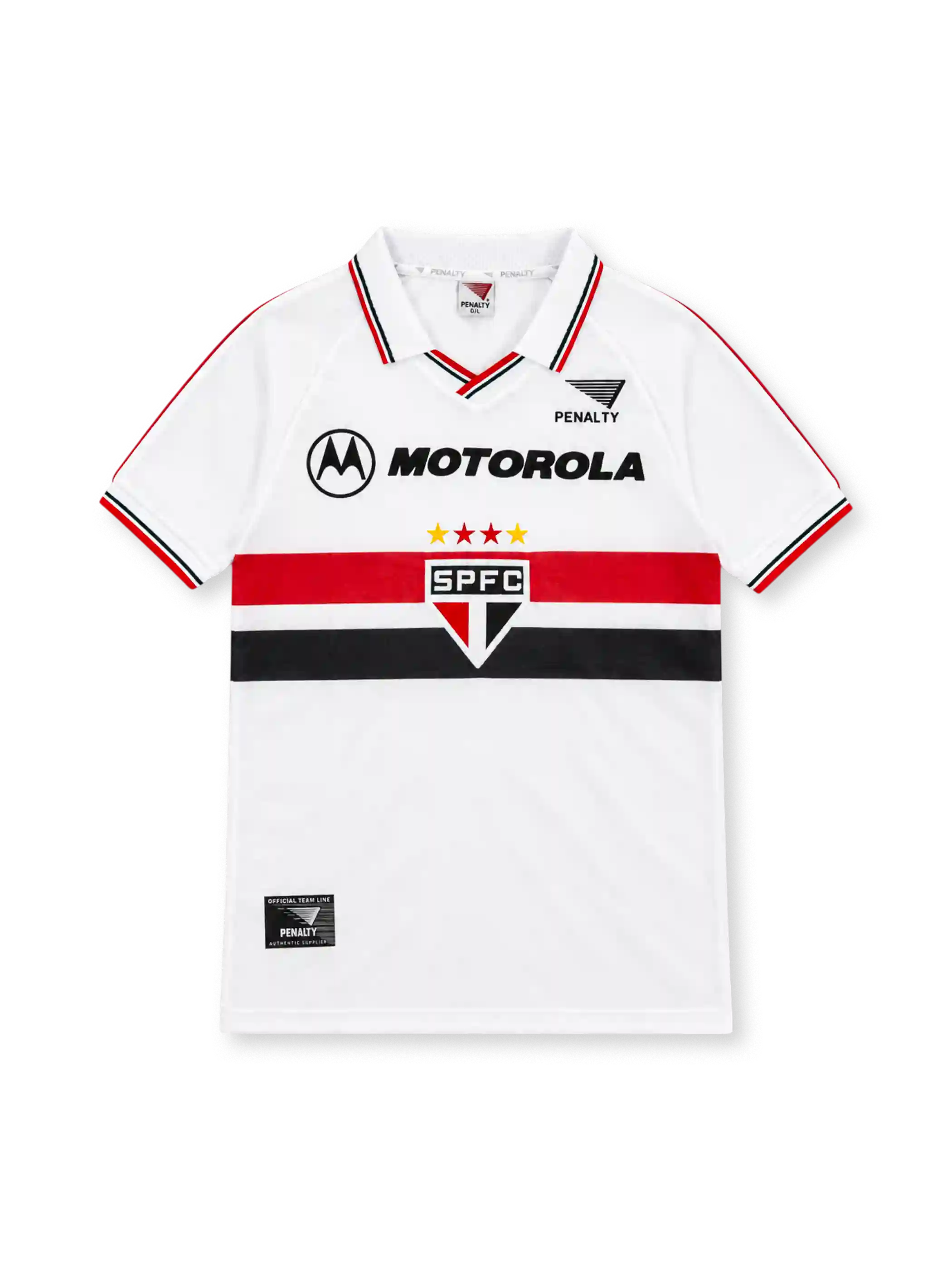 São Paulo 2000 white home jersey with red and black chest bands, SPFC crest, Penalty logo and Motorola sponsor