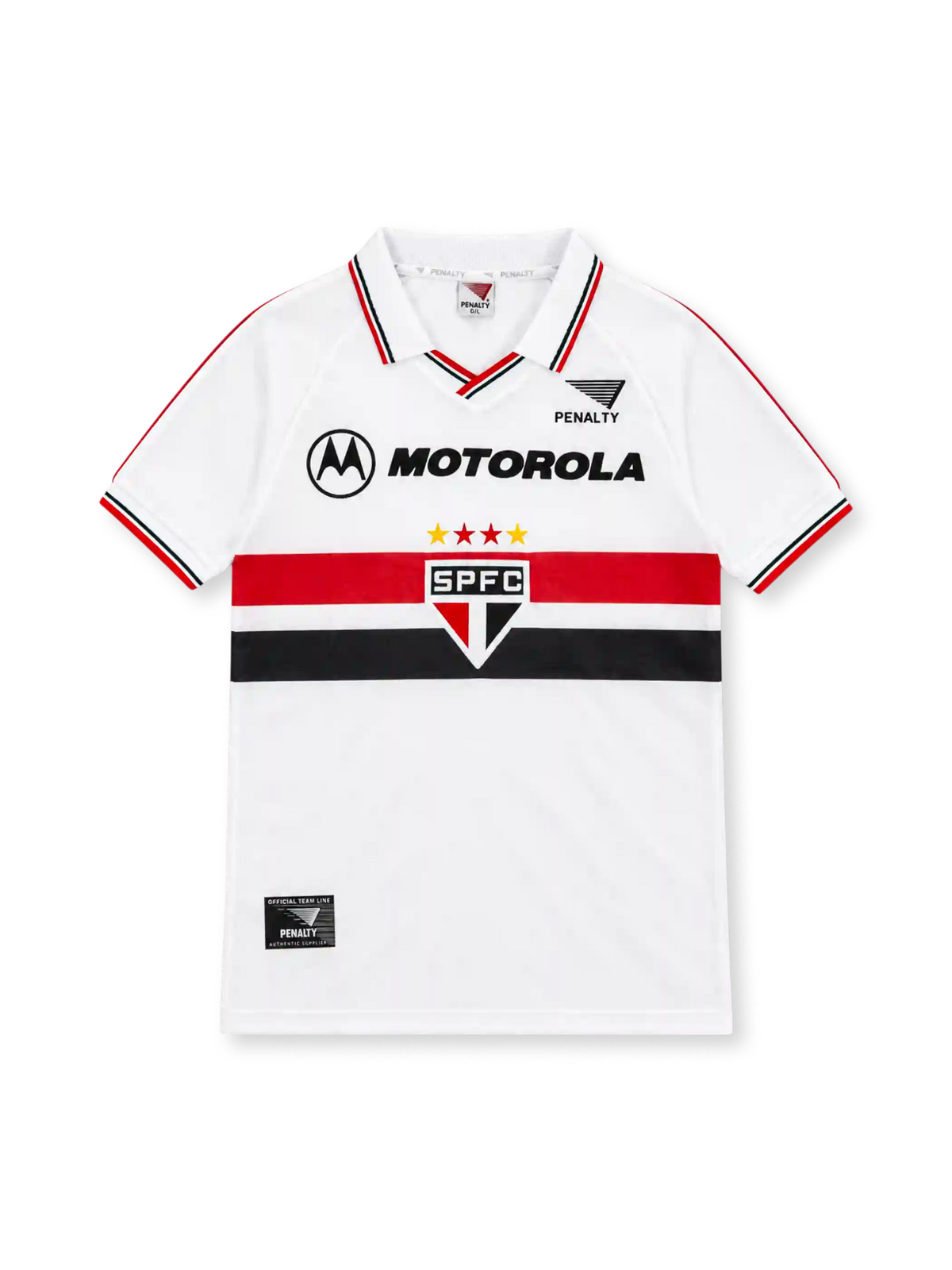 São Paulo 2000 white home jersey with red and black chest bands, SPFC crest, Penalty logo and Motorola sponsor