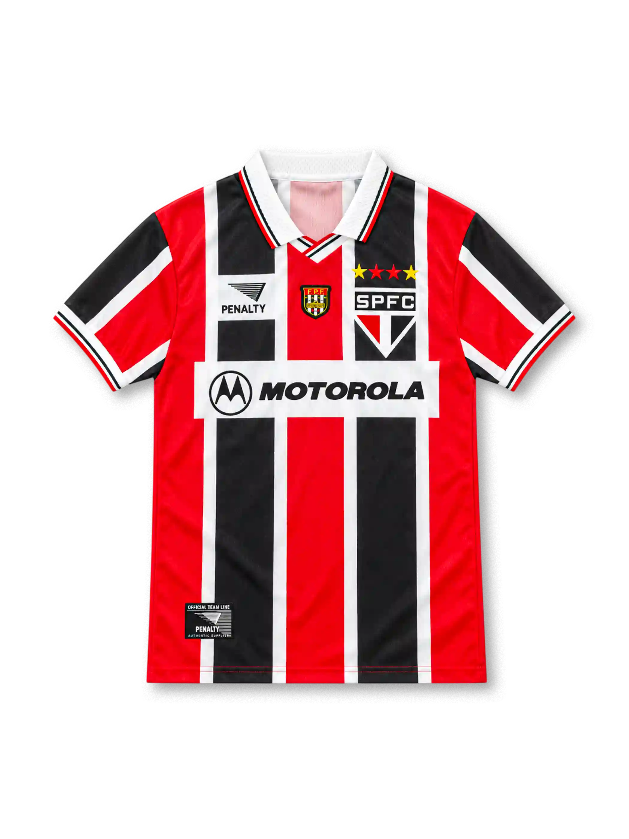 São Paulo 2000 red, black and white striped away jersey with SPFC crest, Penalty logo and Motorola sponsor