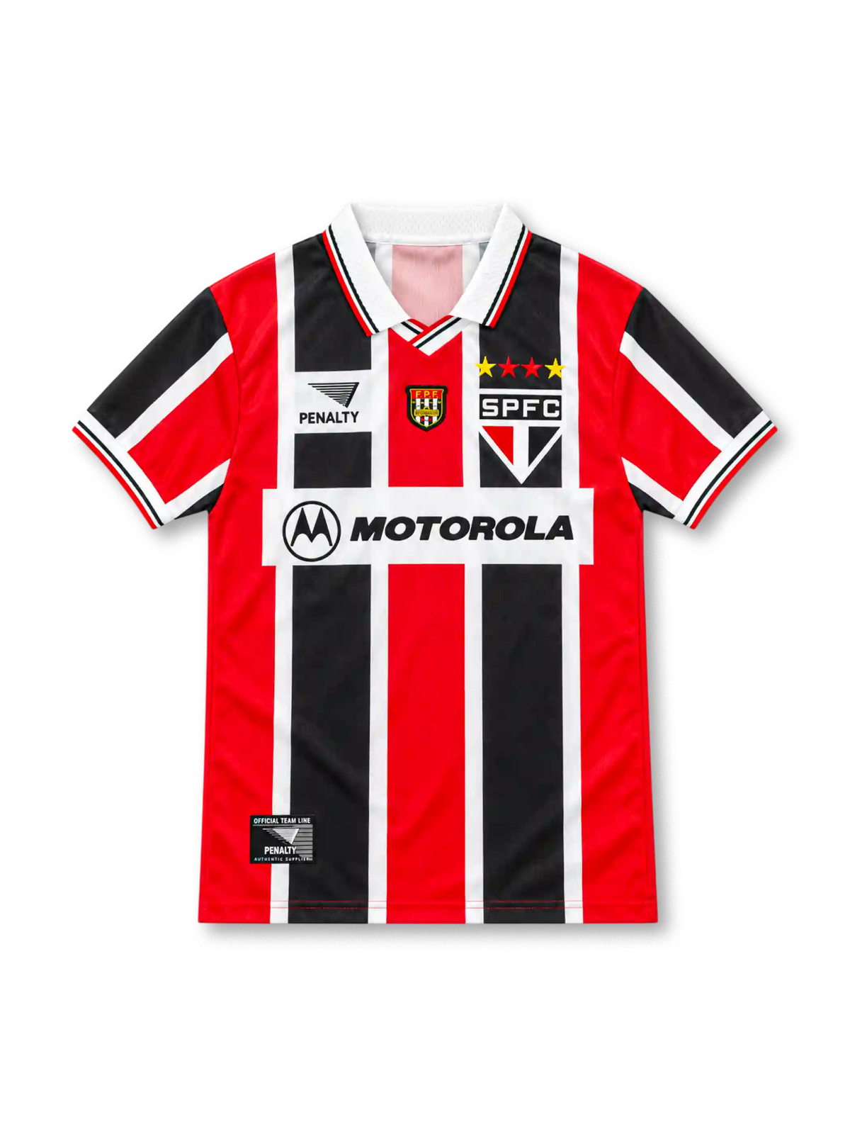 São Paulo 2000 red, black and white striped away jersey with SPFC crest, Penalty logo and Motorola sponsor