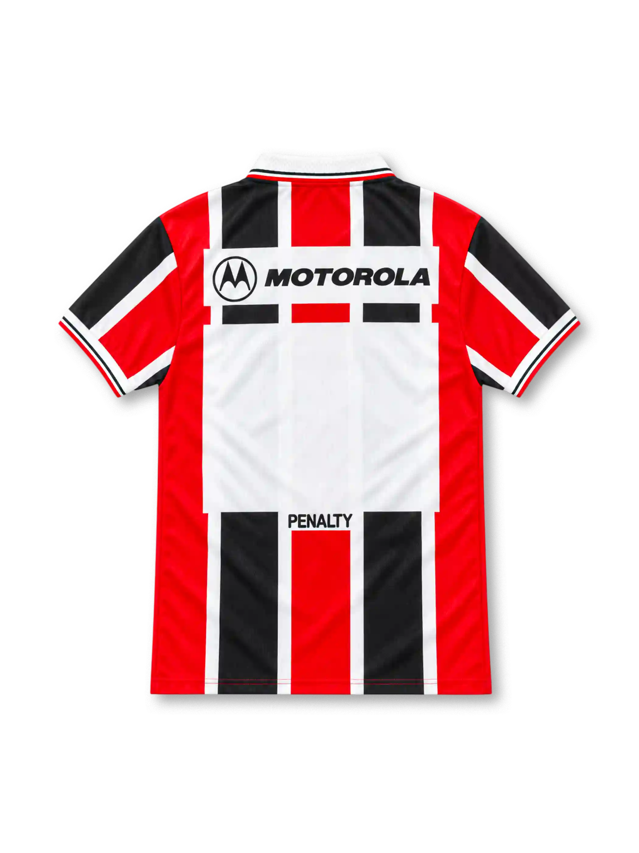 São Paulo 2000 red, black and white striped away jersey with SPFC crest, Penalty logo and Motorola sponsor