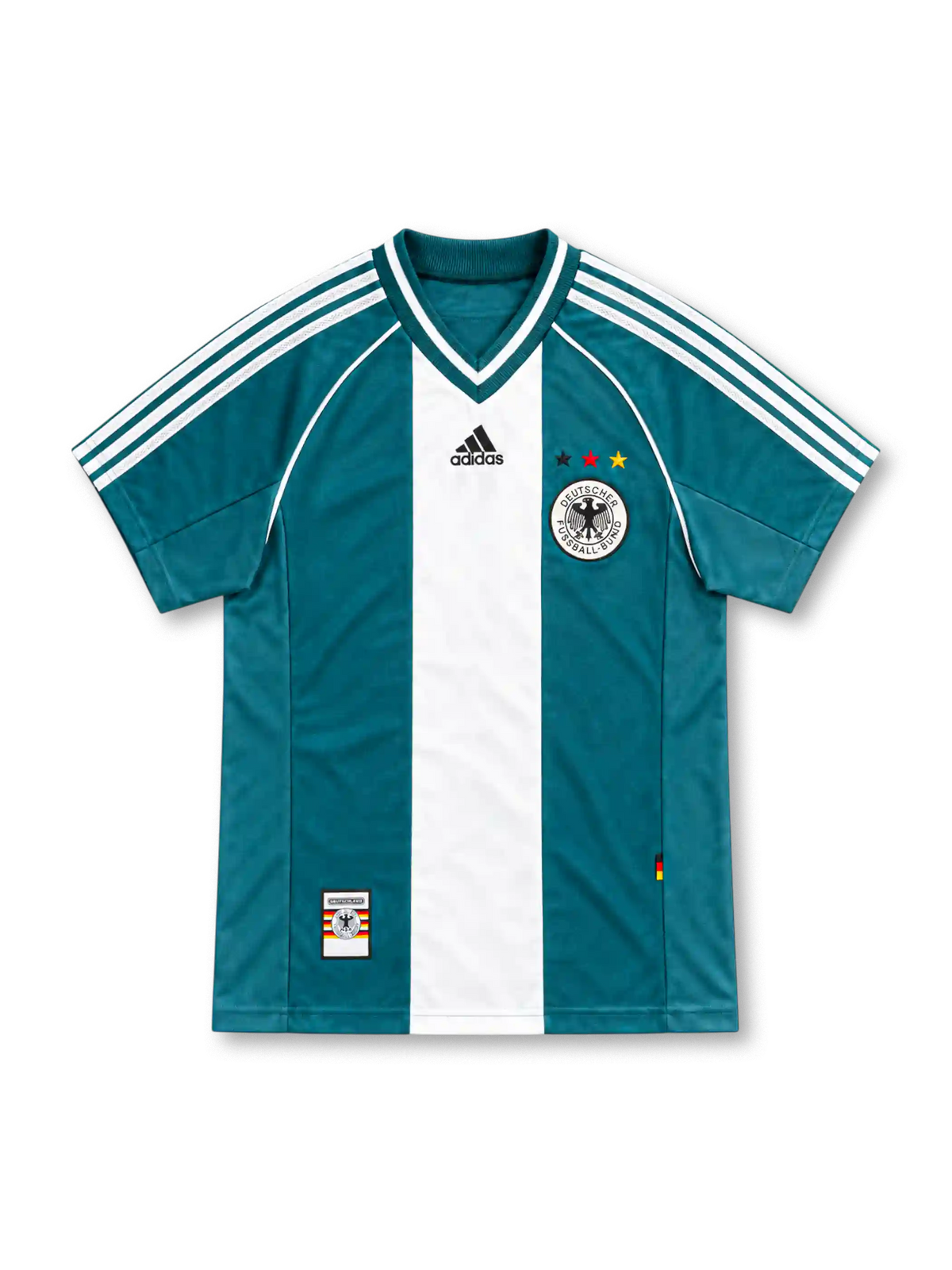 Germany 1998 teal green away jersey with white centre panel, adidas logo and three-star DFB crest