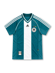 Germany 1998 teal green away jersey with white centre panel, adidas logo and three-star DFB crest