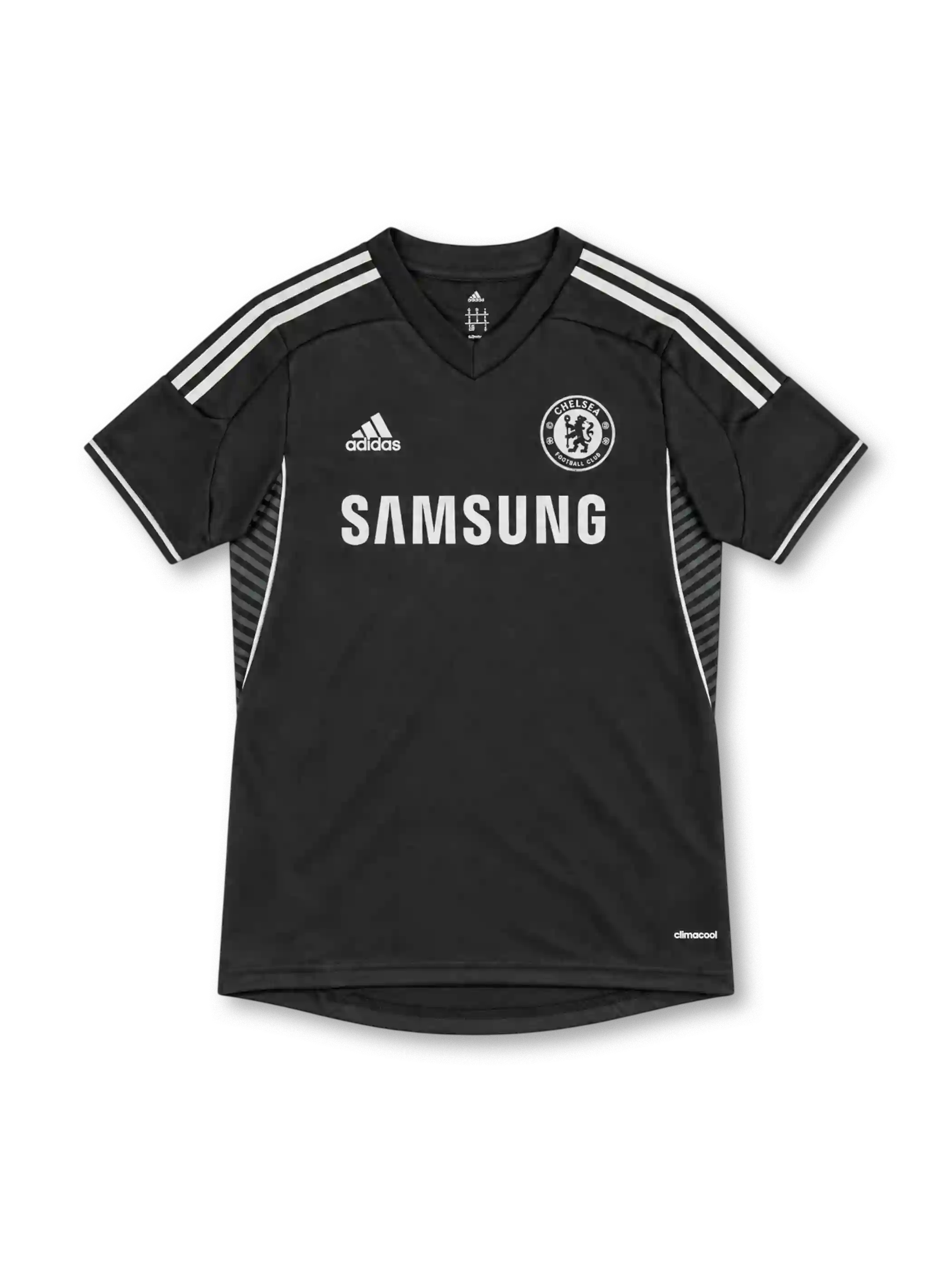 Chelsea 2013/14 black away jersey with white adidas stripes, monochrome crest and Samsung sponsor