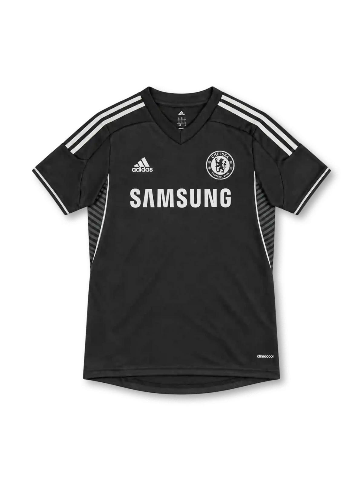 Chelsea 2013/14 black away jersey with white adidas stripes, monochrome crest and Samsung sponsor