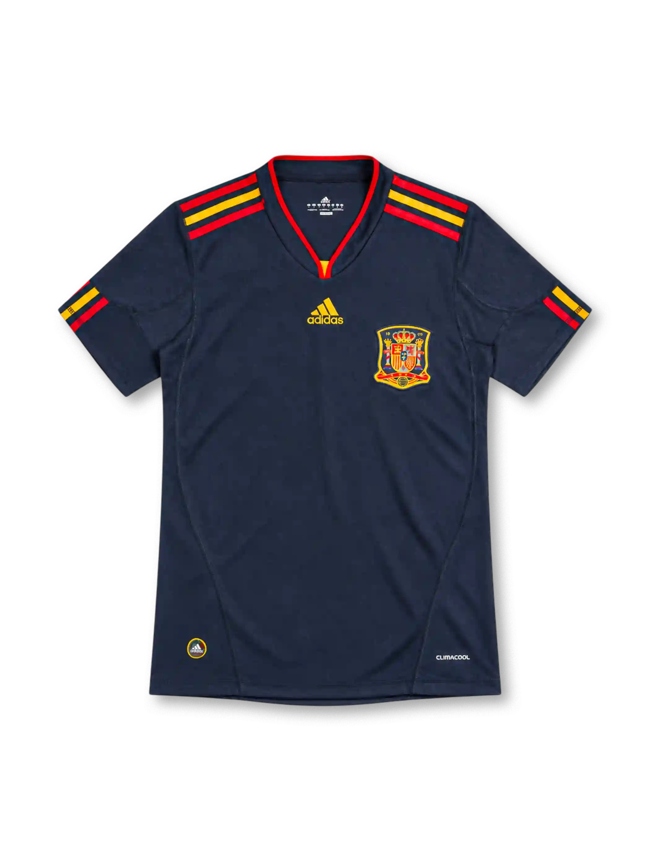 Spain 2010 navy away jersey with red and yellow adidas stripes and federation crest