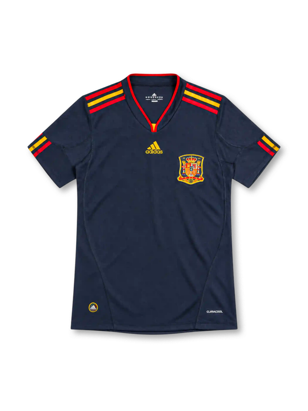 Spain 2010 navy away jersey with red and yellow adidas stripes and federation crest