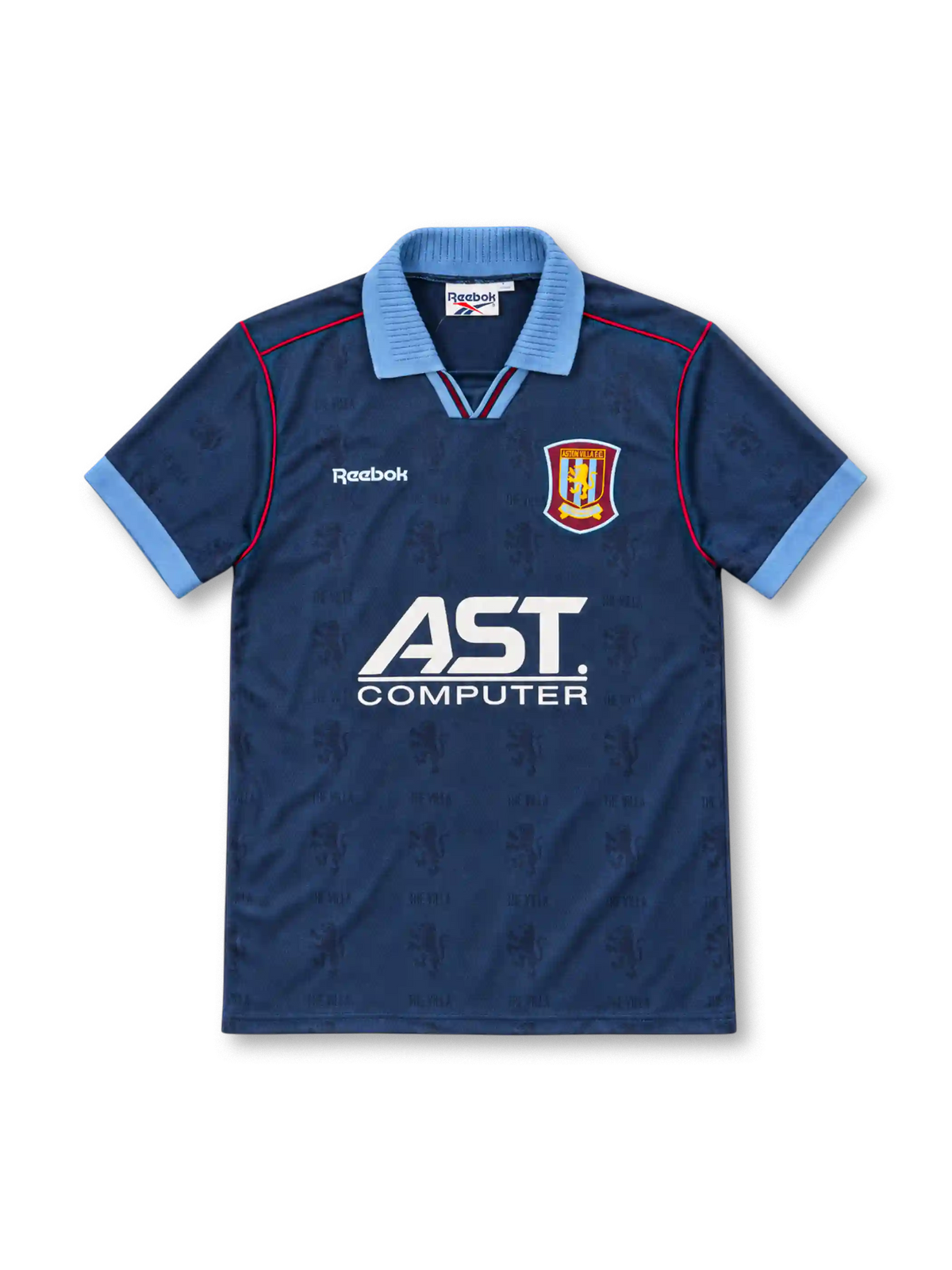 Aston Villa 1995/97 navy third jersey with sky-blue collar, Reebok logo and AST Computer sponsor
