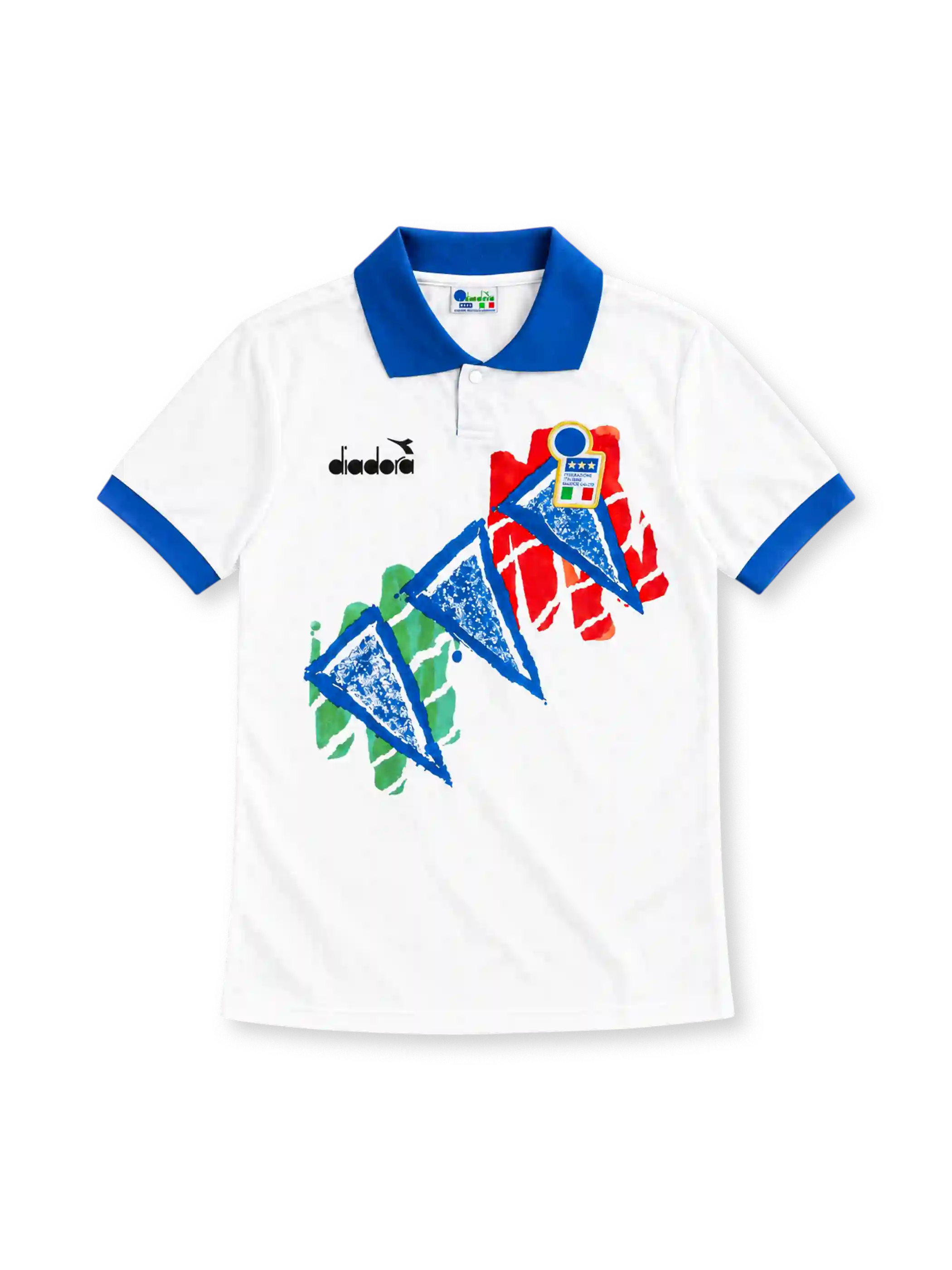 Italy 1994 white training jersey with blue collar, painted tricolour graphic, Diadora logo and FIGC crest