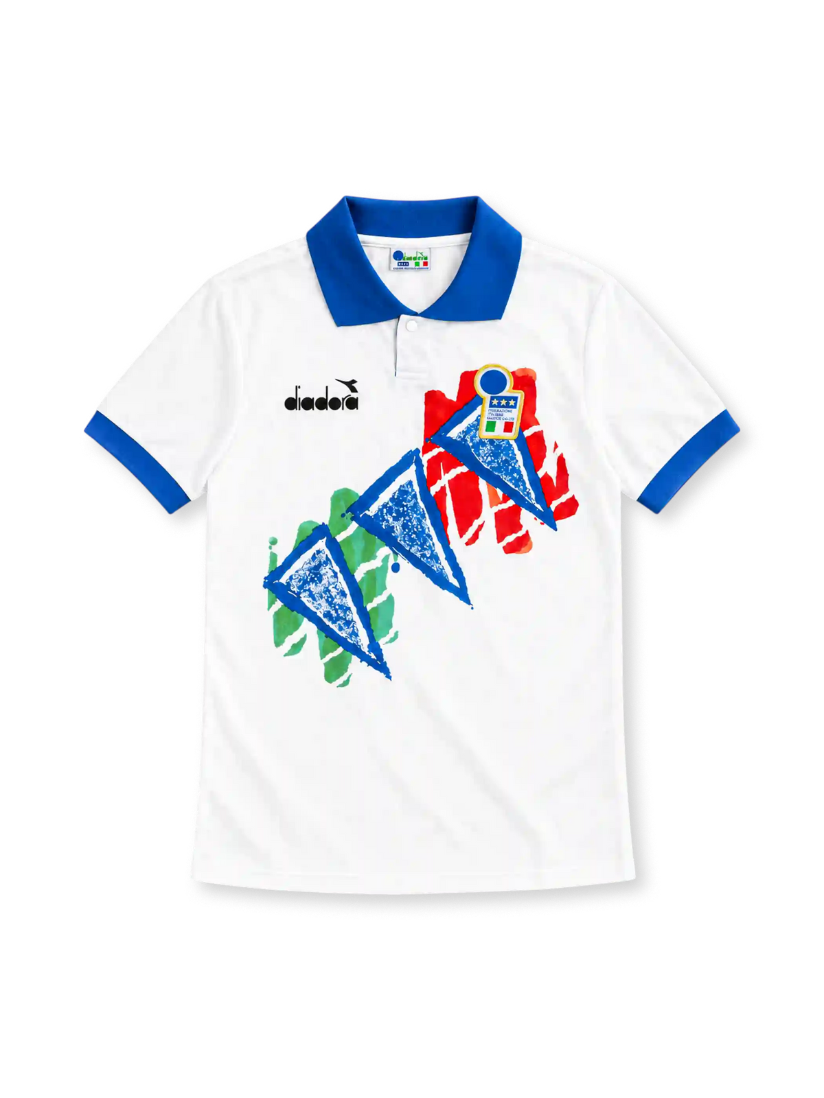 Italy 1994 white training jersey with blue collar, painted tricolour graphic, Diadora logo and FIGC crest