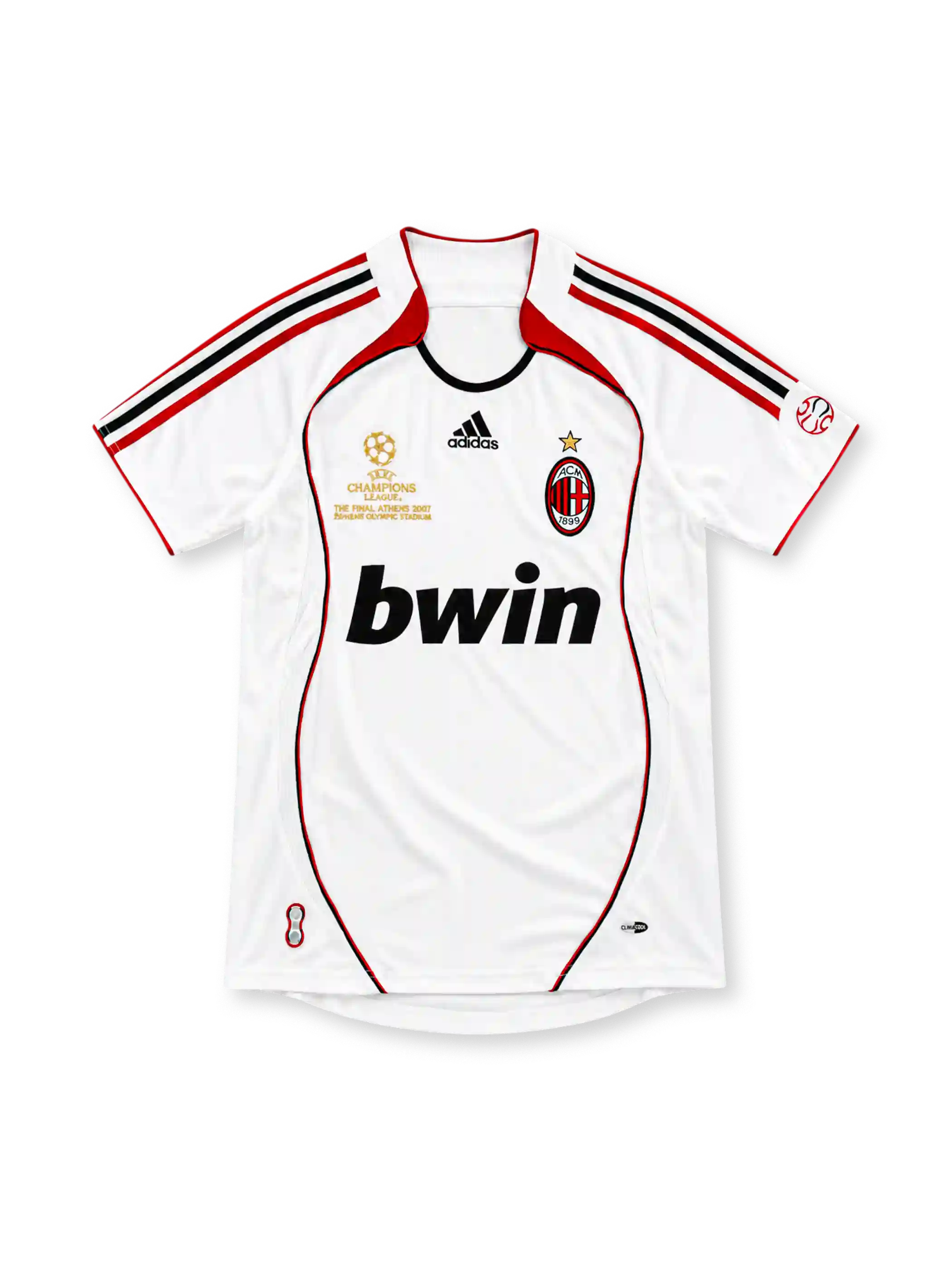AC Milan 2006/07 white away jersey with Champions League Final Athens 2007 embroidery, adidas logo and bwin sponsor