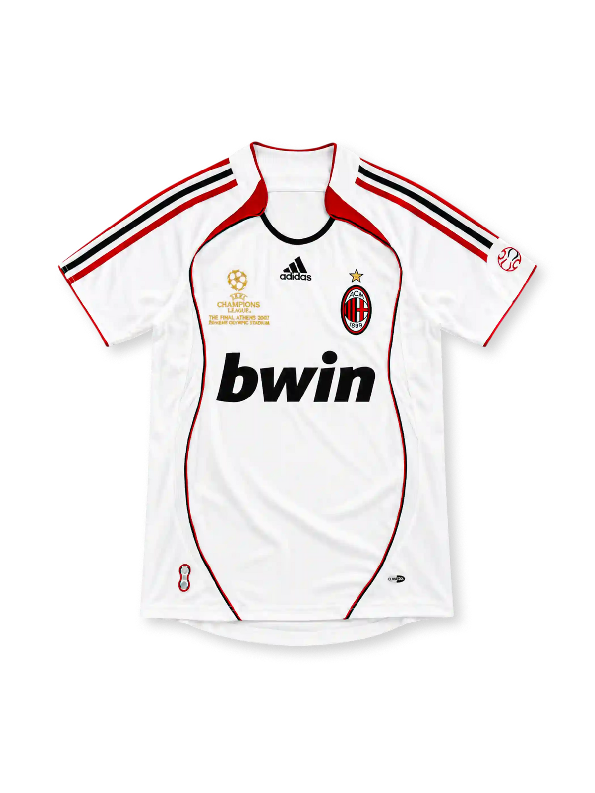 AC Milan 2006/07 white away jersey with Champions League Final Athens 2007 embroidery, adidas logo and bwin sponsor