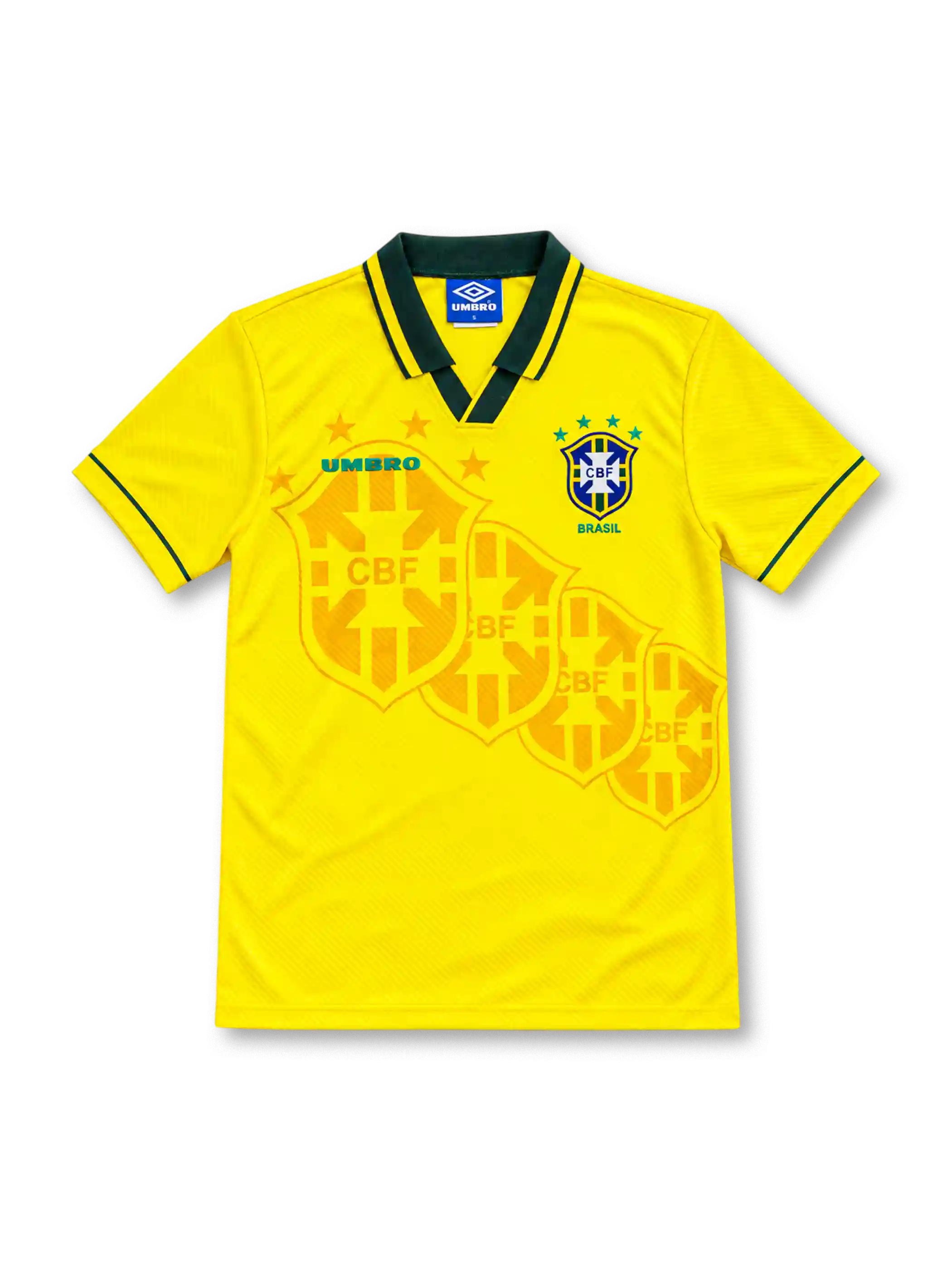 Brazil 1994/96 yellow home jersey with green collar, tonal crest pattern, Umbro logo and four-star CBF crest