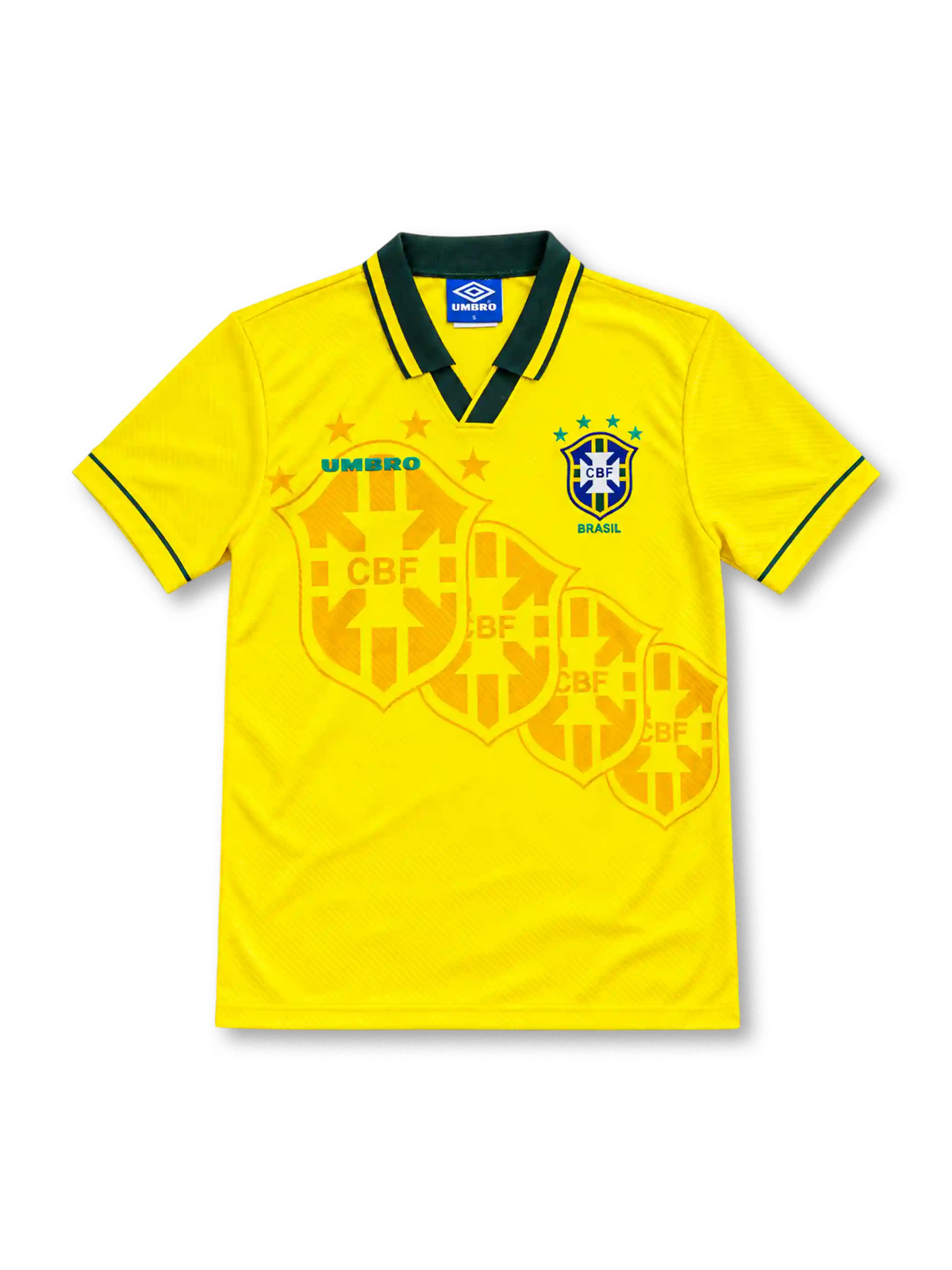 Brazil 1994/96 yellow home jersey with green collar, tonal crest pattern, Umbro logo and four-star CBF crest