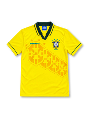 Brazil 1994/96 yellow home jersey with green collar, tonal crest pattern, Umbro logo and four-star CBF crest