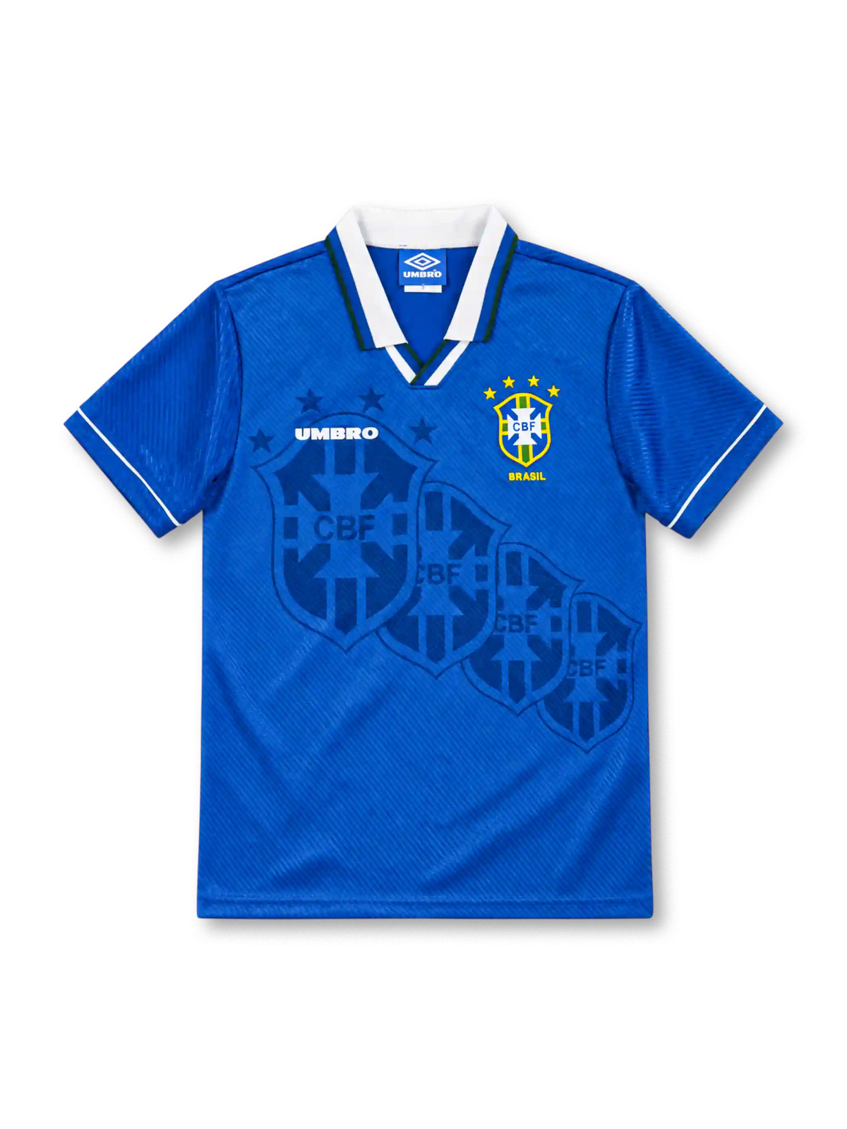 Brazil 1994/96 royal blue away jersey with white collar, tonal crest pattern, Umbro logo and four-star CBF crest