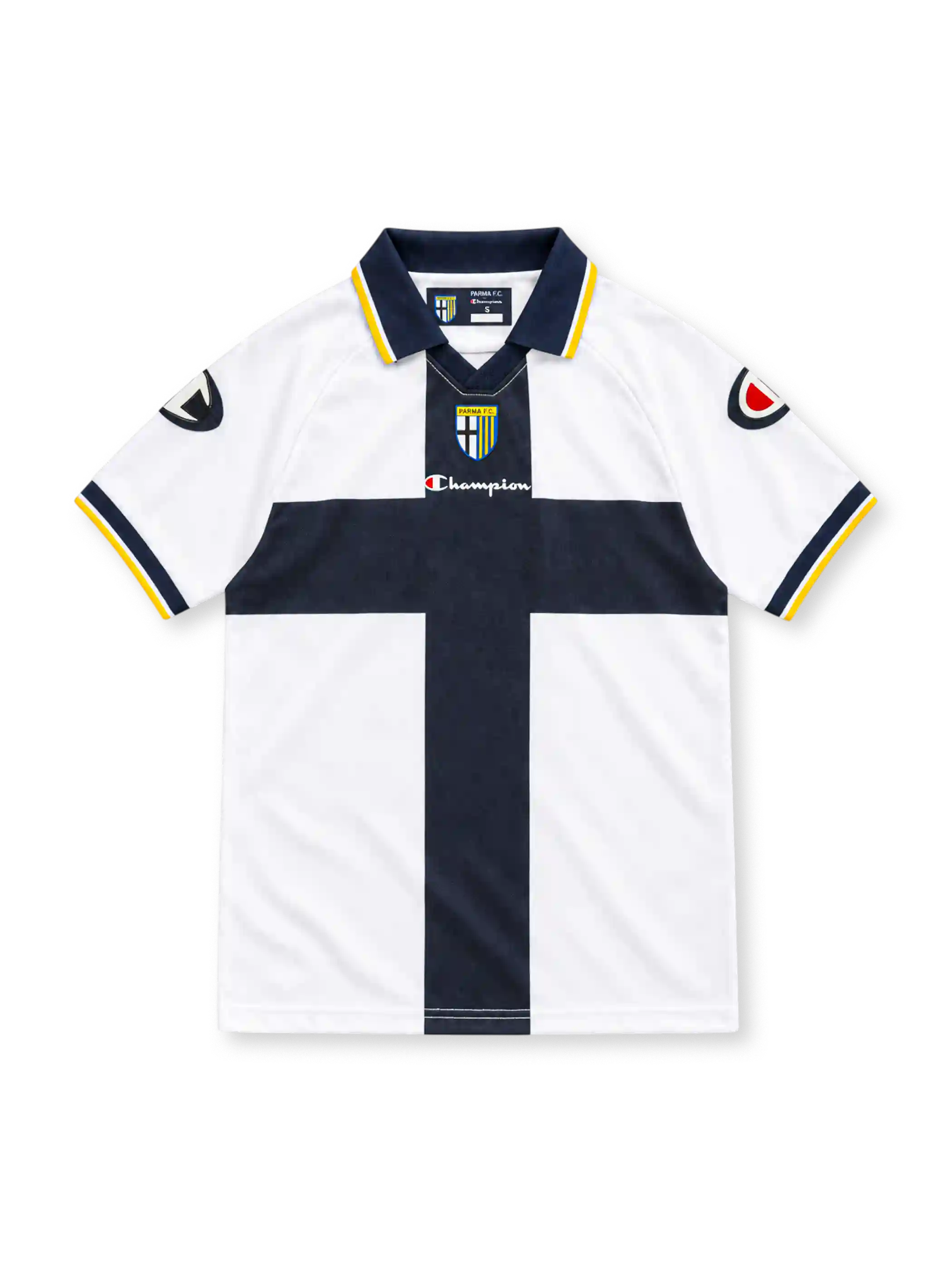 Parma 2005/06 white home jersey with navy cross, yellow-tipped collar, Champion logo and Parma F.C. crest