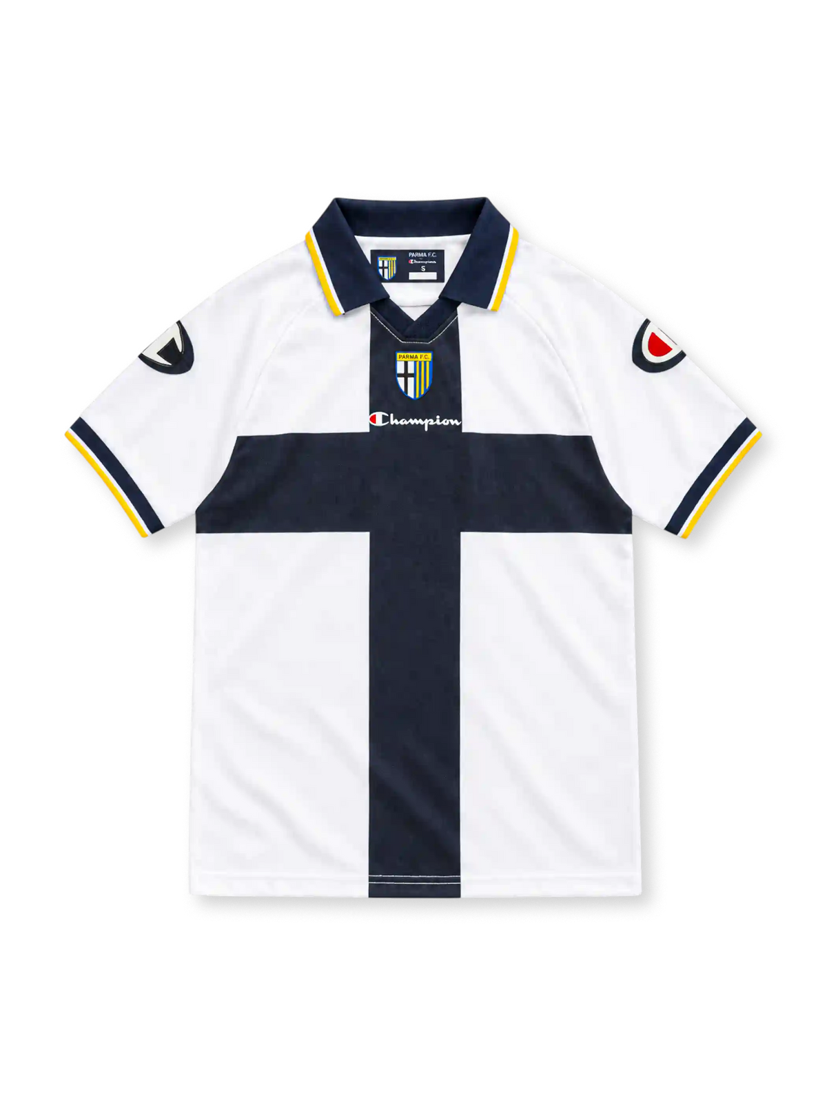 Parma 2005/06 white home jersey with navy cross, yellow-tipped collar, Champion logo and Parma F.C. crest