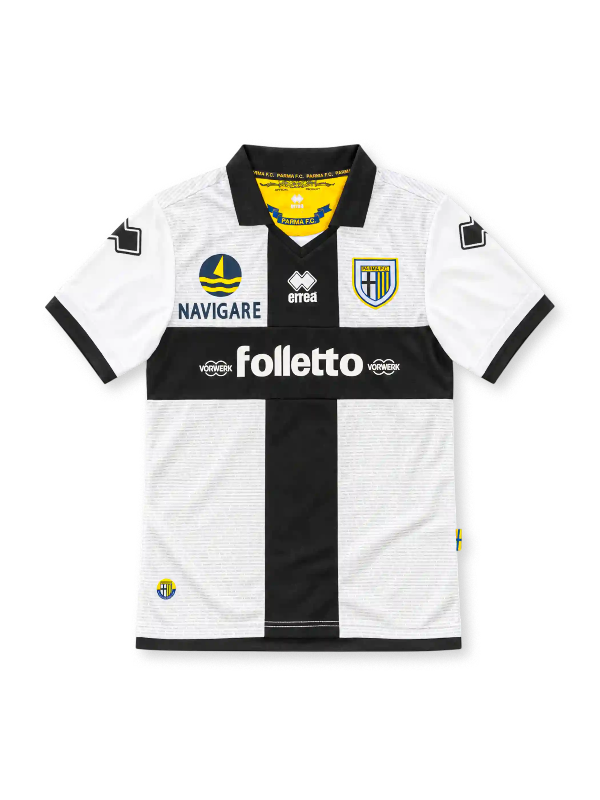 Parma 2012/13 white home jersey with black cross, Erreà logo, Navigare and Vorwerk Folletto sponsors