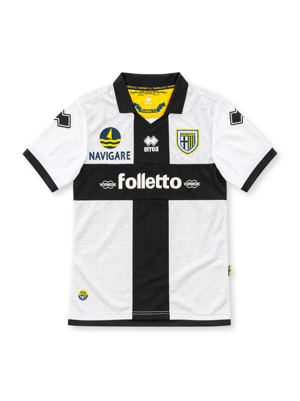 Parma 2012/13 white home jersey with black cross, Erreà logo, Navigare and Vorwerk Folletto sponsors