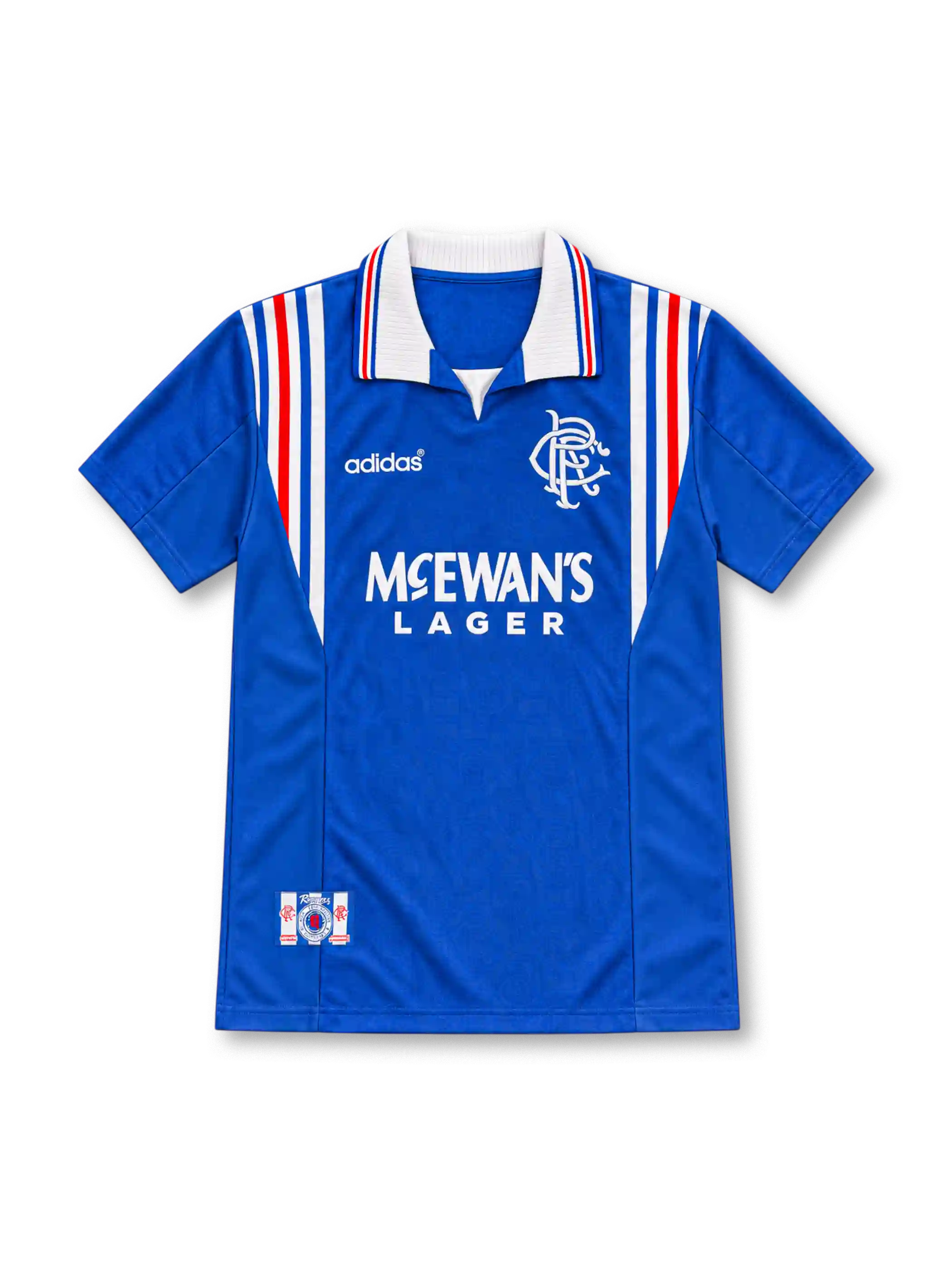 Rangers 1996/97 royal blue home jersey with white collar, red and white stripes, adidas logo and McEwan's Lager sponsor