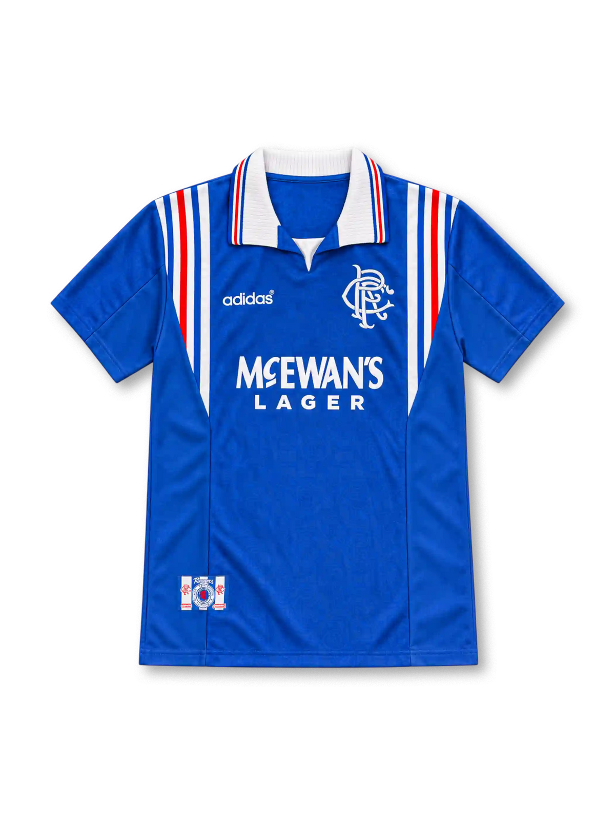 Rangers 1996/97 royal blue home jersey with white collar, red and white stripes, adidas logo and McEwan's Lager sponsor