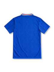 Rangers 1996/97 royal blue home jersey with white collar, red and white stripes, adidas logo and McEwan's Lager sponsor