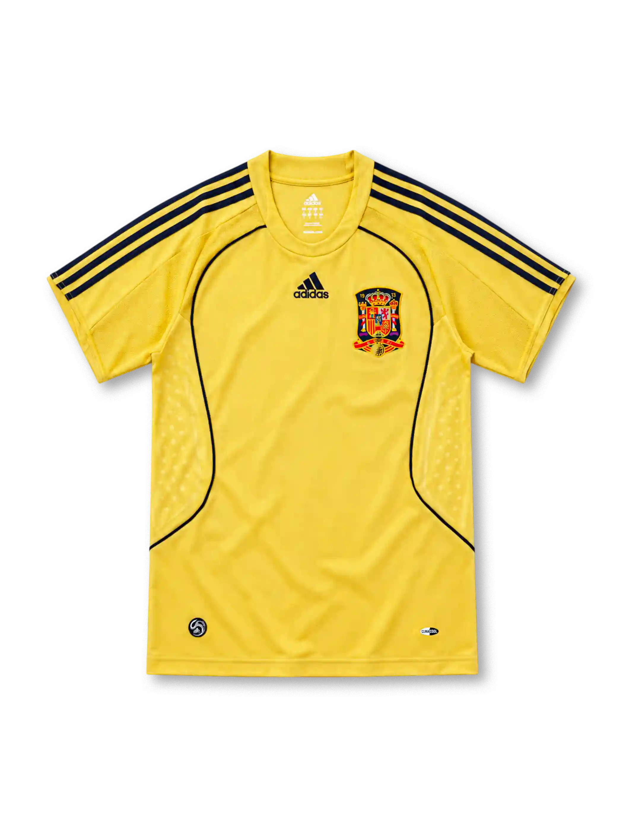 Spain 2008 yellow away jersey with navy adidas stripes, navy piping and federation crest