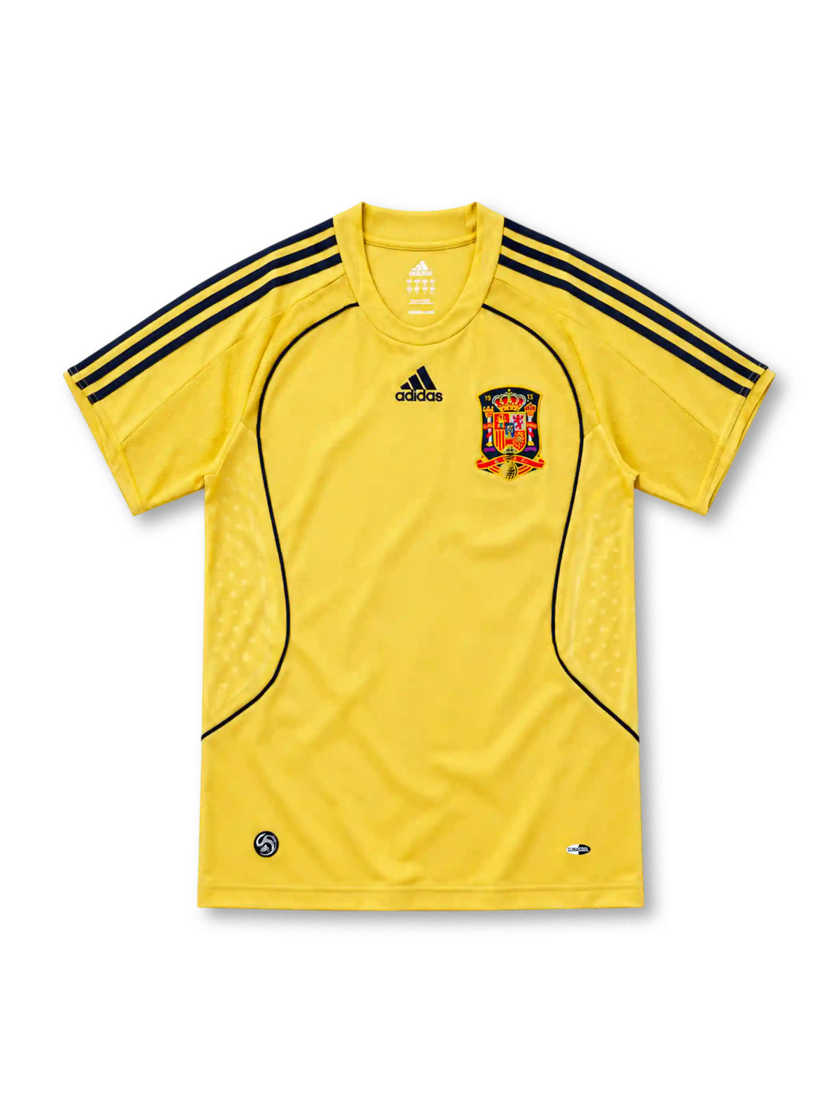 Spain 2008 yellow away jersey with navy adidas stripes, navy piping and federation crest
