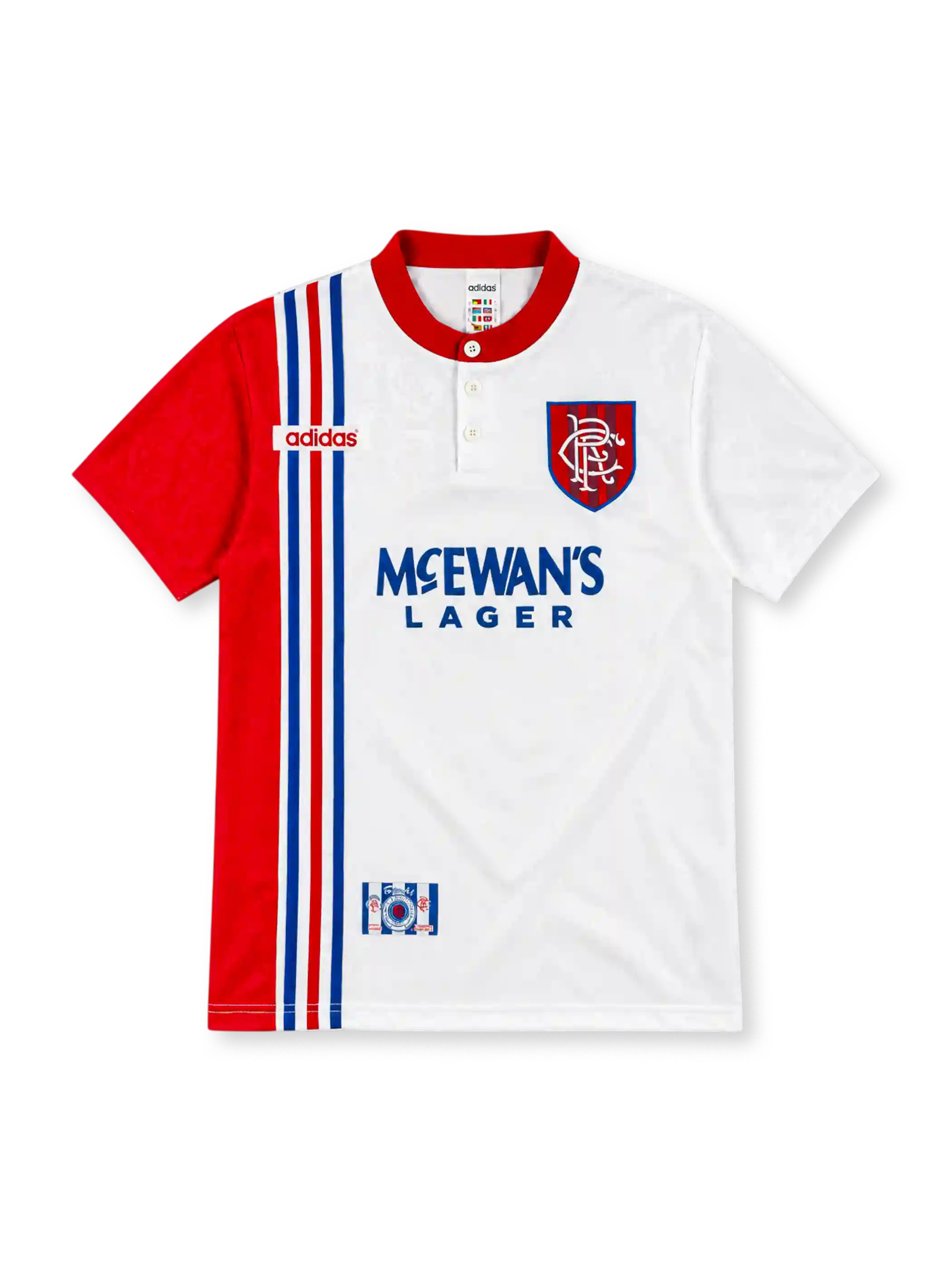 Rangers 1996/97 white away jersey with red side panel, blue and red stripes, adidas logo and McEwan's Lager sponsor