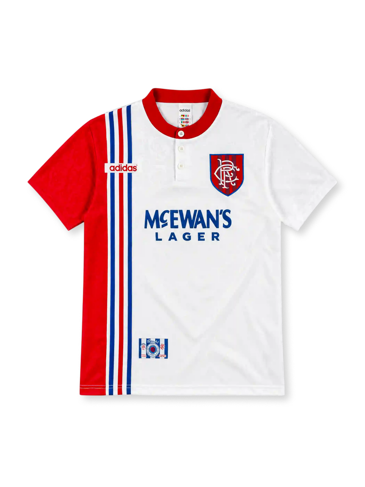 Rangers 1996/97 white away jersey with red side panel, blue and red stripes, adidas logo and McEwan's Lager sponsor