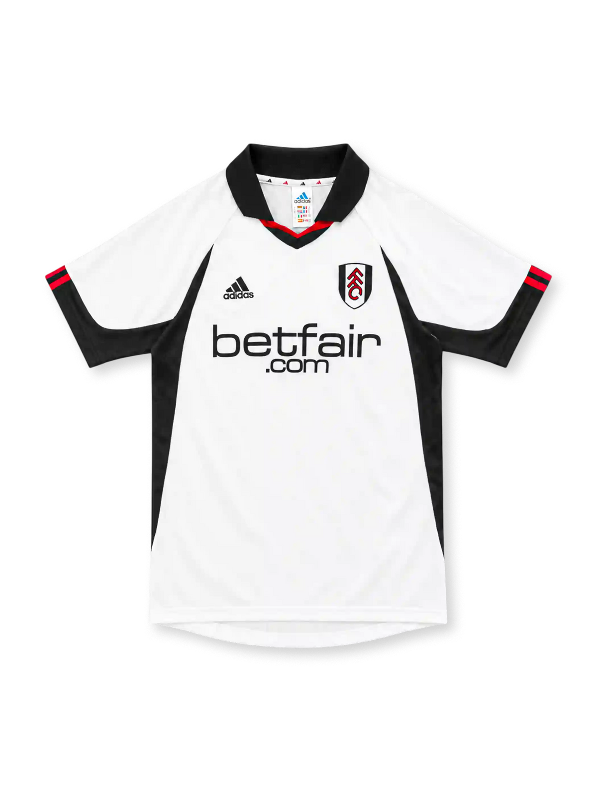 Fulham 2002/03 white home jersey with black side panels, adidas logo and betfair.com sponsor