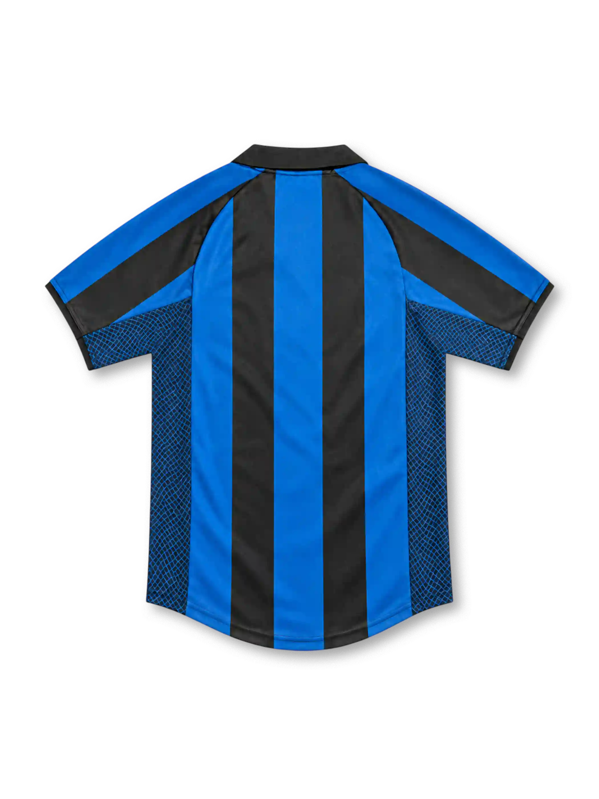 Inter Milan 2001/02 blue and black striped home jersey with gold piping, Nike logo and Pirelli sponsor