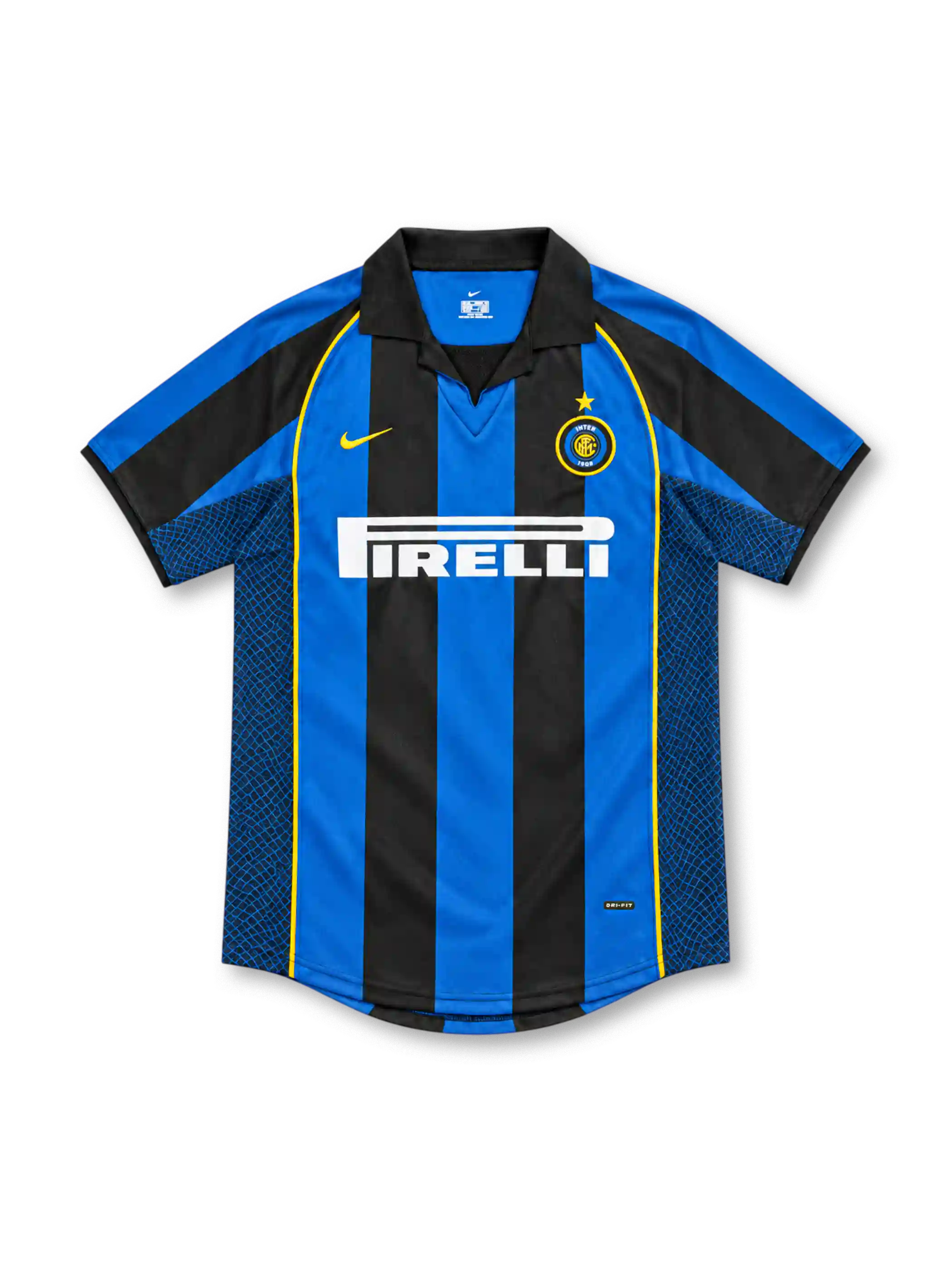 Inter Milan 2001/02 blue and black striped home jersey with gold piping, Nike logo and Pirelli sponsor