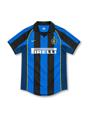 Inter Milan 2001/02 blue and black striped home jersey with gold piping, Nike logo and Pirelli sponsor