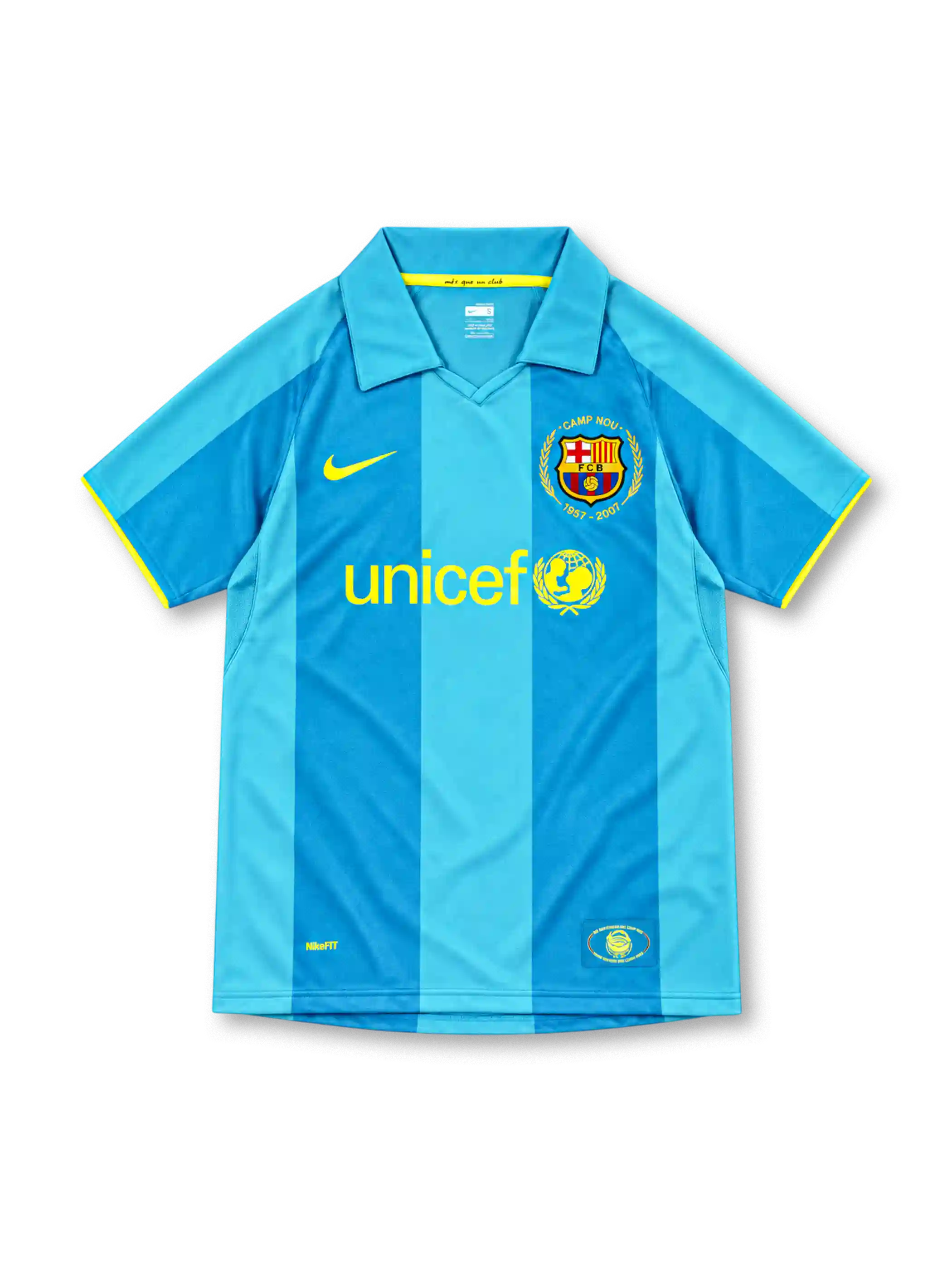 Barcelona 2007/08 sky blue away jersey with Camp Nou anniversary crest, Nike logo and UNICEF logo