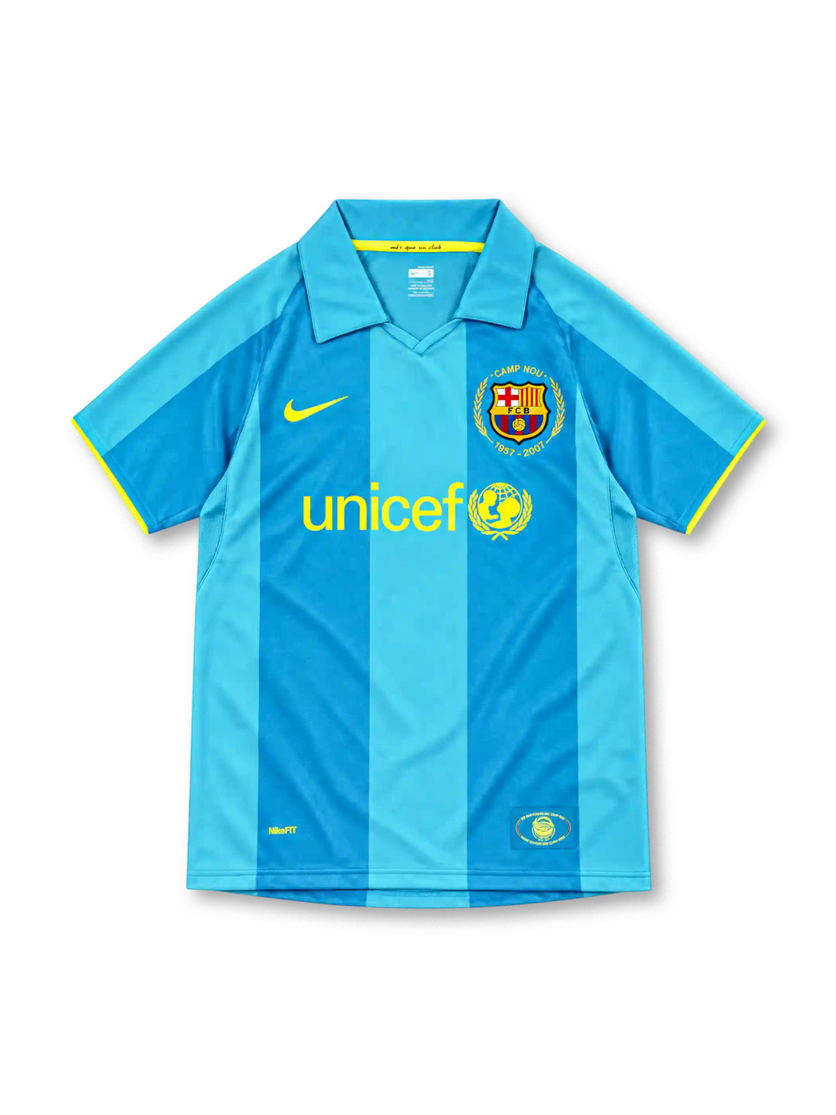 Barcelona 2007/08 sky blue away jersey with Camp Nou anniversary crest, Nike logo and UNICEF logo