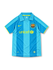 Barcelona 2007/08 sky blue away jersey with Camp Nou anniversary crest, Nike logo and UNICEF logo