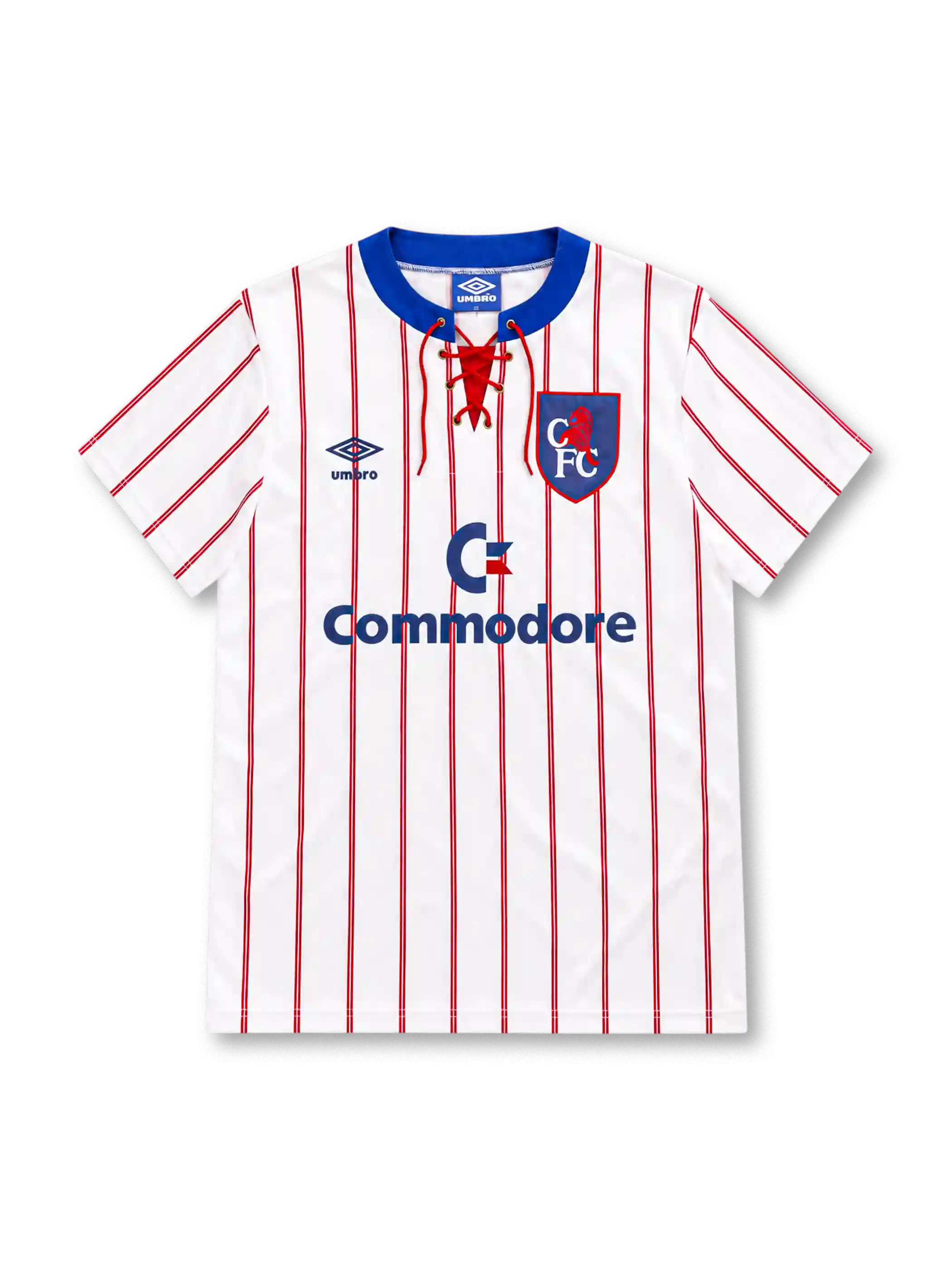 Chelsea 1992/94 white away jersey with red pinstripes, lace-up blue collar, Umbro logo and Commodore sponsor