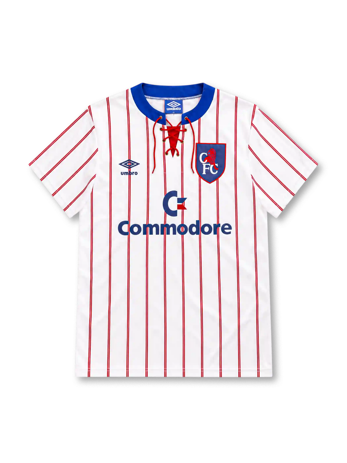 Chelsea 1992/94 white away jersey with red pinstripes, lace-up blue collar, Umbro logo and Commodore sponsor
