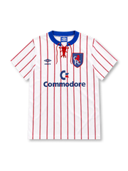 Chelsea 1992/94 white away jersey with red pinstripes, lace-up blue collar, Umbro logo and Commodore sponsor